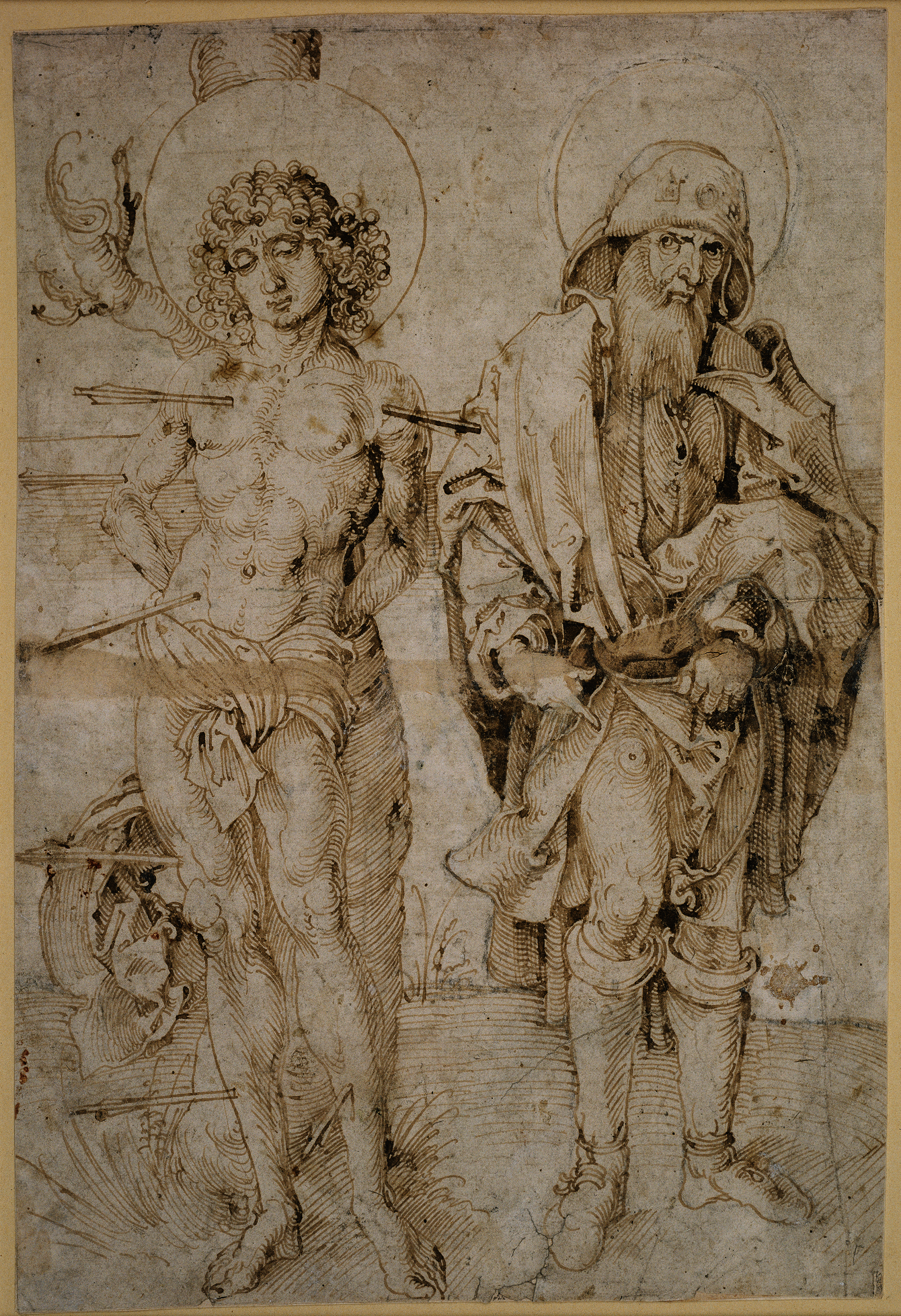 Brown-ink drawing of two men, both with halos. Figure at left is nearly nude and pierced with arrows. Figure at right parts his cloak to reveal his injured thigh.