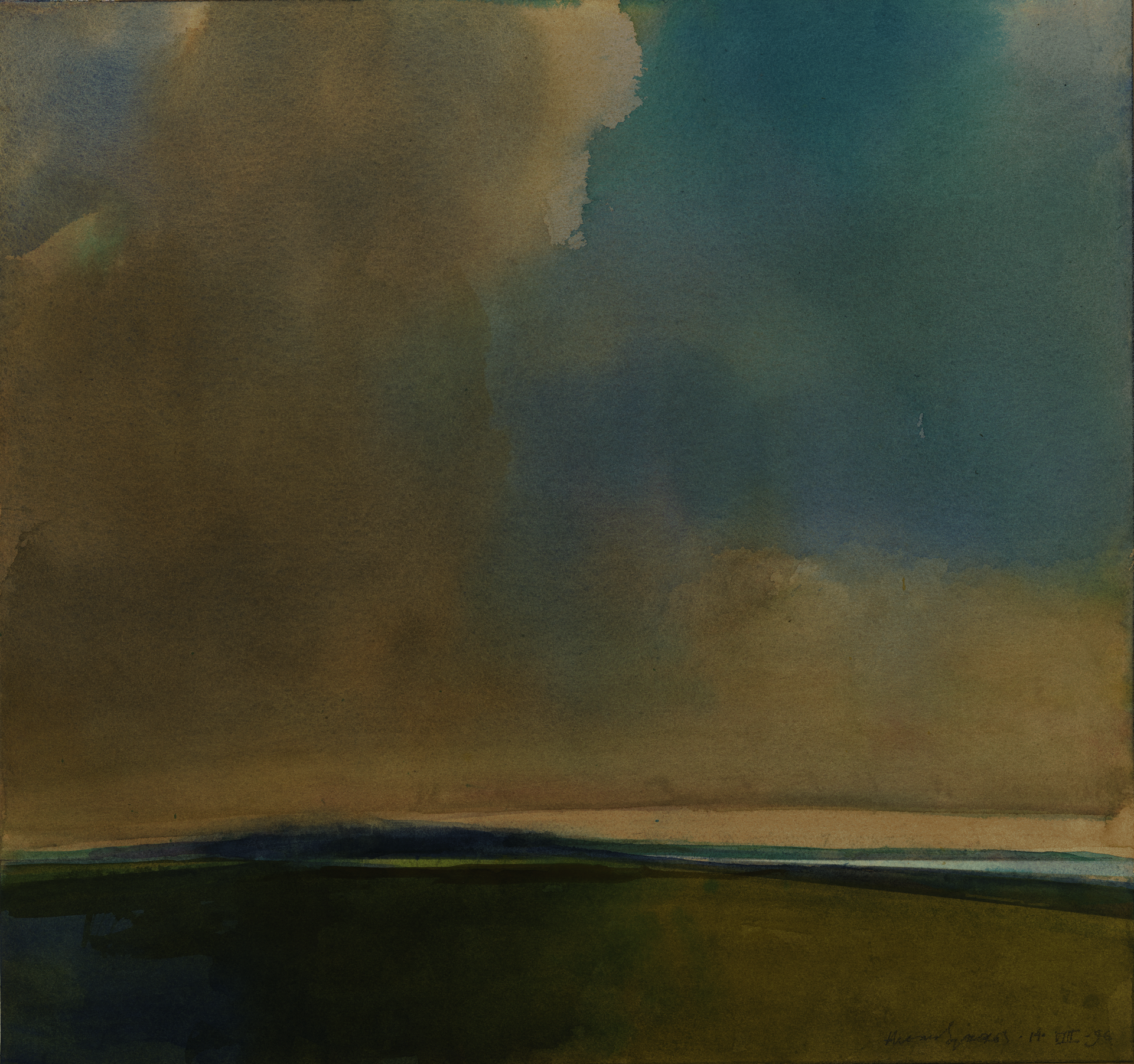 Hazy watercolor illustrates a green landscape and blue mountain in the distance. Most of the work is covered by a large, deep-yellow and gray cloud filling the otherwise teal sky.