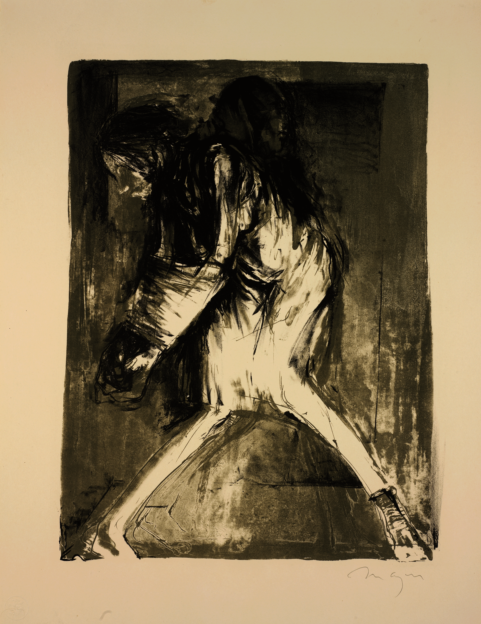 Streaky, eerie print of a tortured, hunched woman in a room lit from below. She is in a knee-length gown with her knees bent inwards. Her arms are bound together.