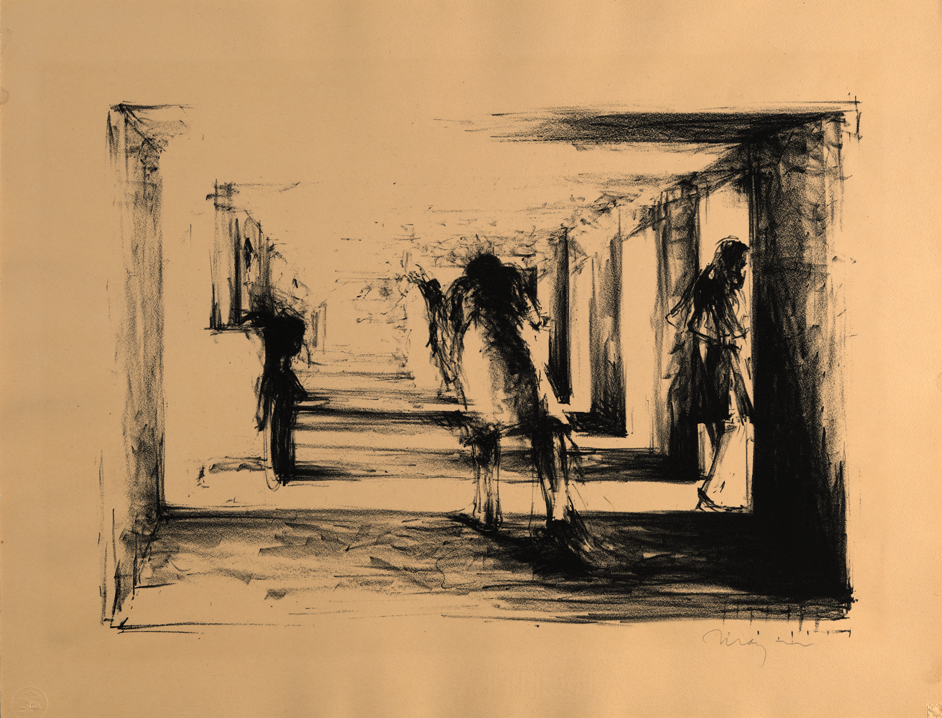 Etching of people walking through a seemingly endless corridor, created by repetitive doorways and shadows. A hunched figure dominates the frame while the silhouette of another figure at left watches.