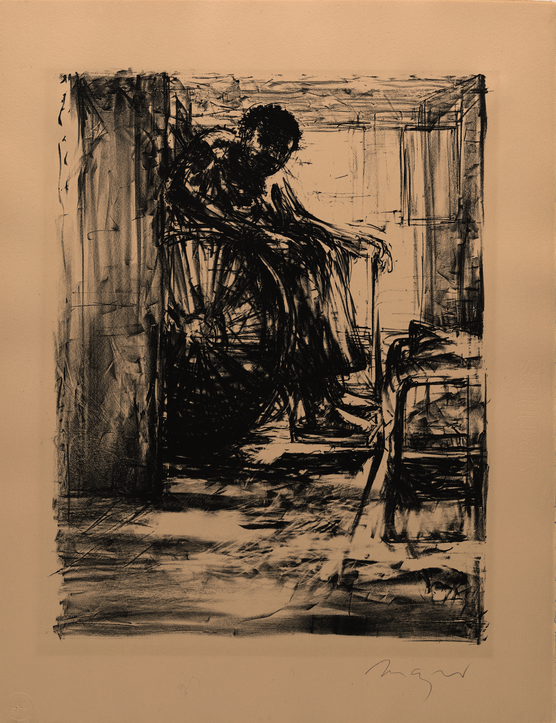 Rough, loose black lines depict a figure sitting in a wheelchair, leaning forward and holding a cane. They are situated in a tight space, possibly a hallway.