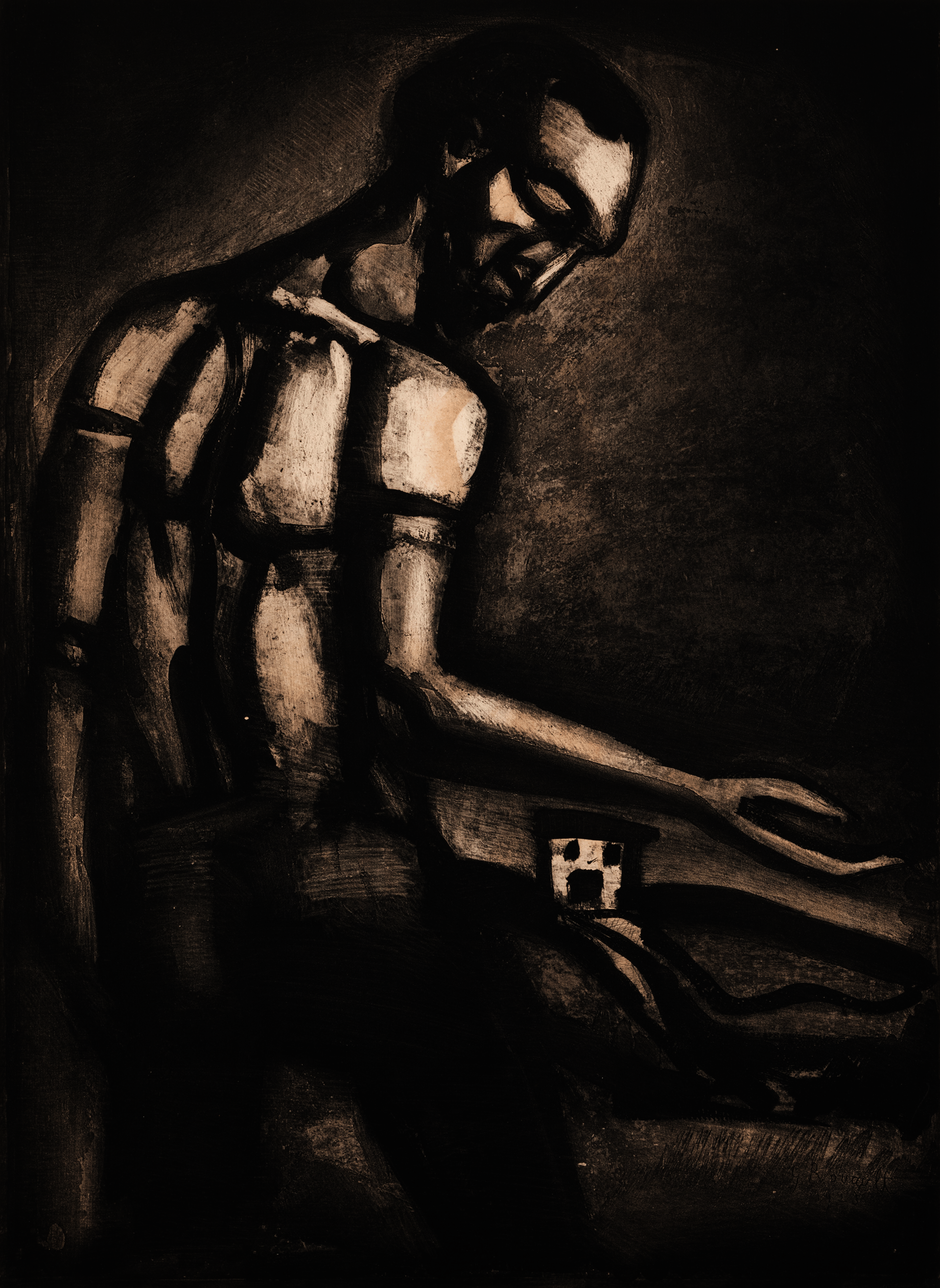 Thick lines of black depict a heavily-shadowed man kneeling in a dark space. Looking to his right, he holds out a bent arm. Next to him is a small object. 