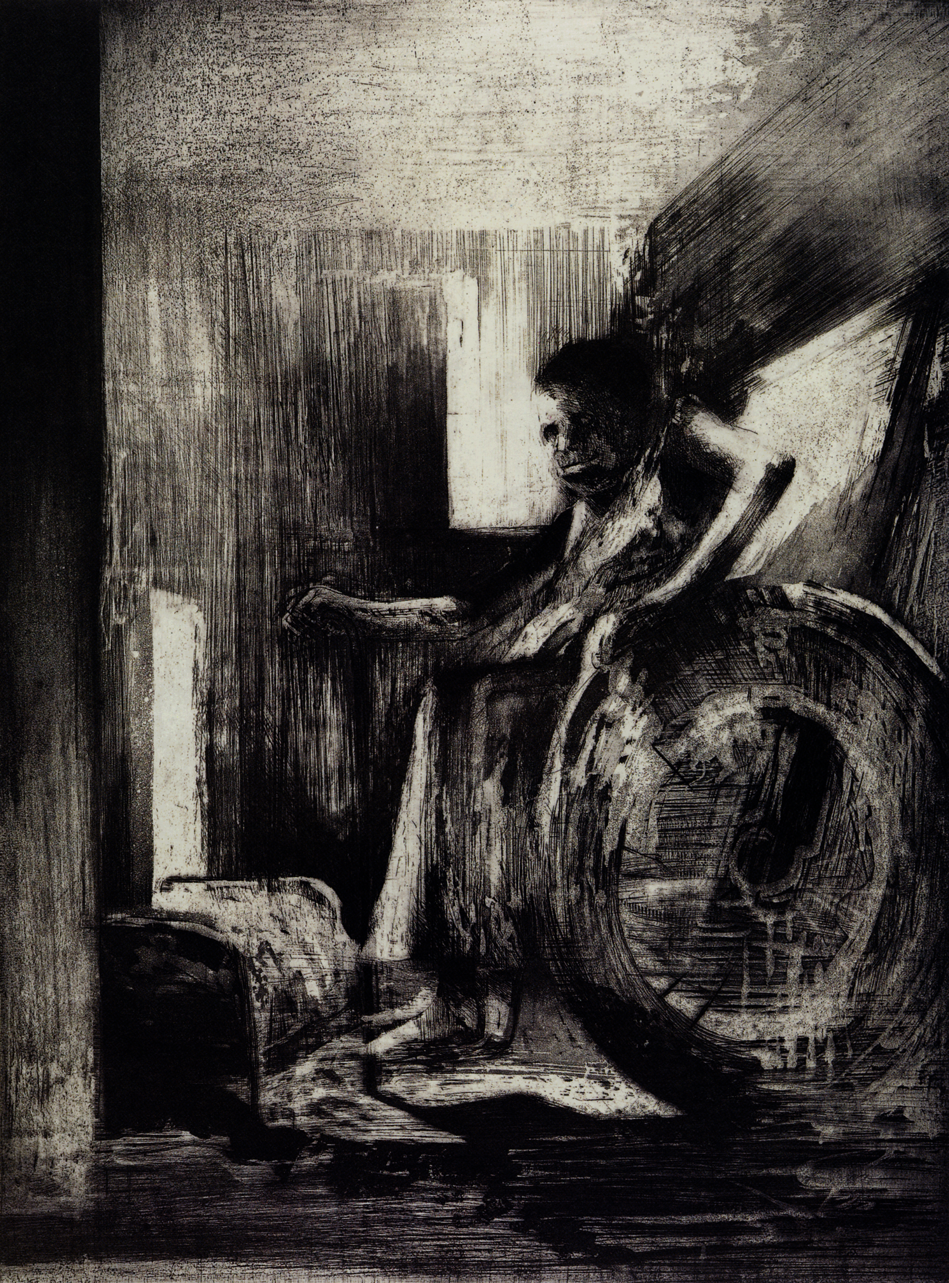 Streaky, moody, black etching of a figure sitting in a narrow room, in a wheelchair facing the center, with furniture at his feet. Blocks of light illuminate the room. 