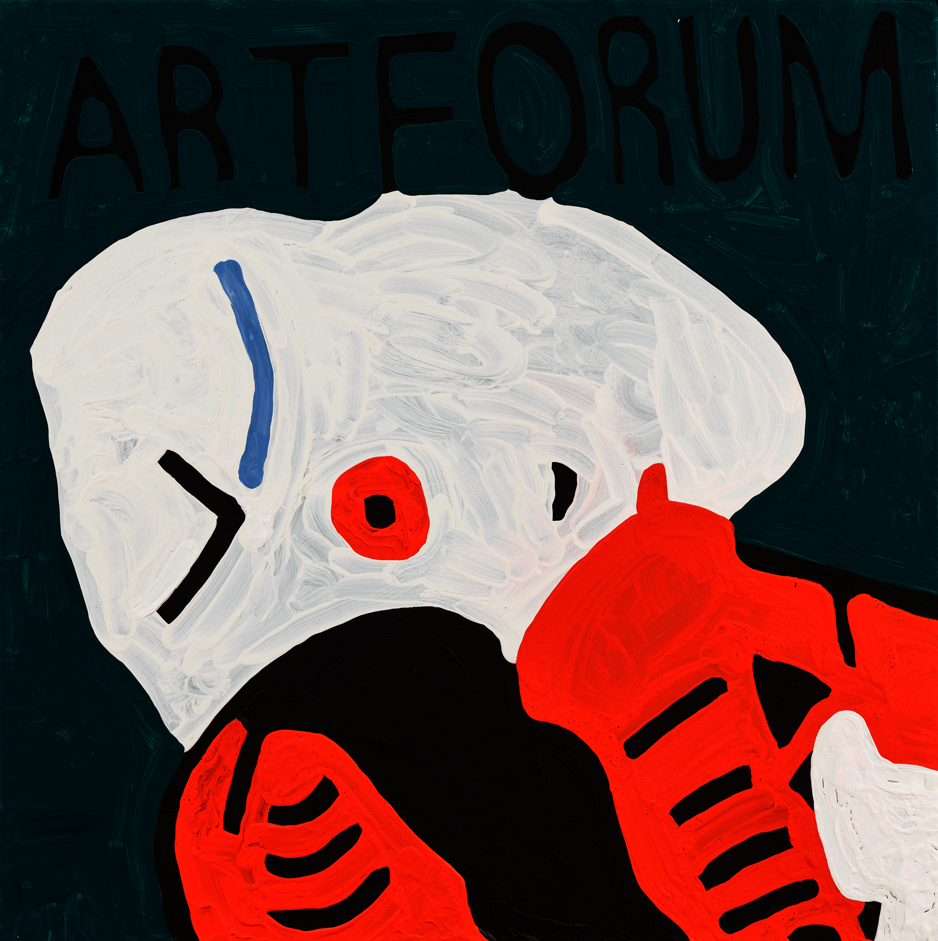 An abstract painting with textured strokes and crisp edges. “ARTFORUM” is written in black on a teal background above a large white mass with overlapping orange, blue, and black shapes.