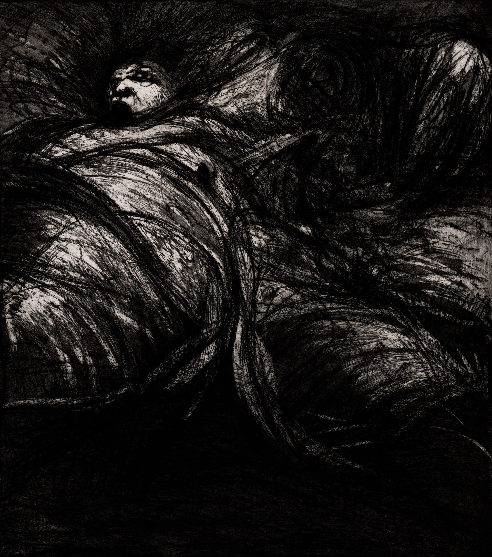 An energetic etching composed of large scrawled strokes depicts a screaming man, collapsed, and wrapped in cloth.