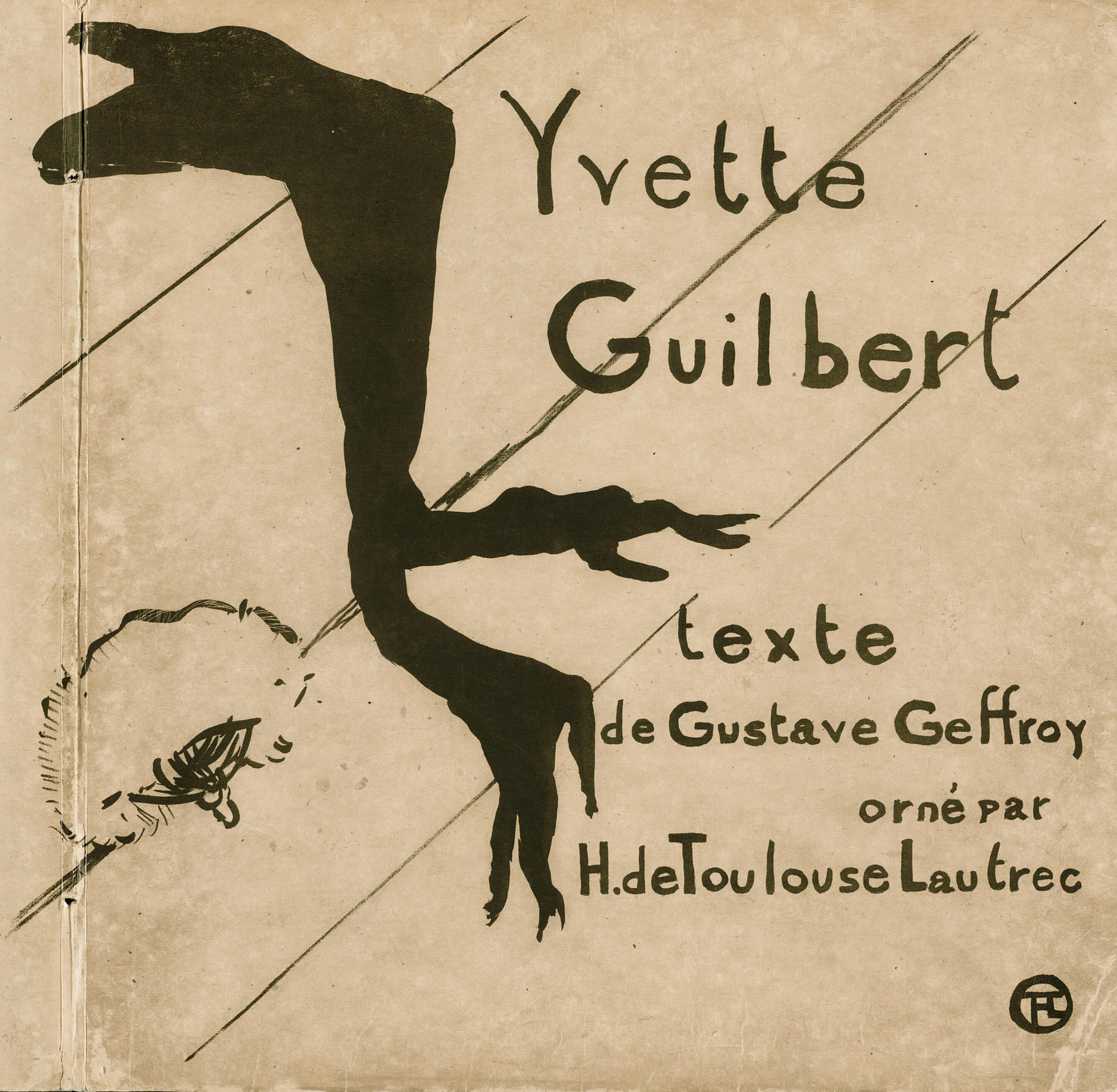 Cover for 'Yvette Guilbert' publication. Long black gloves lie on a step, which is simply suggested by diagonal lines crossing the sheet, a powder puff at left. Text says: “Yvette Guilbert. Texte de Gustave Geffroy orné par H. de Toulouse Lautrec.” 