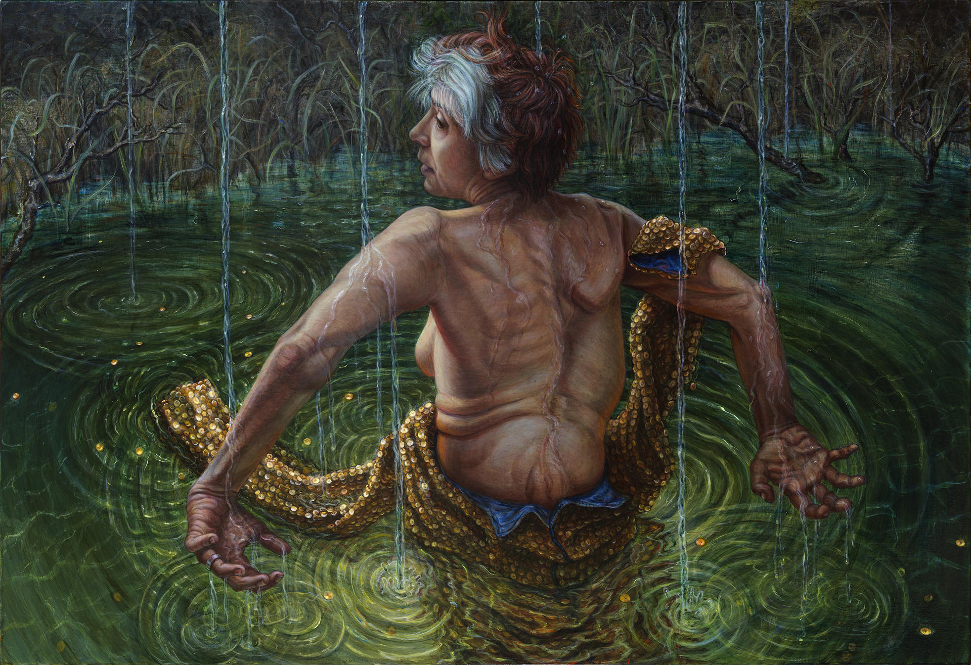 Painting of an older, partially-clothed woman, her twisted spine facing the viewer and her hands reaching behind her. She is surrounded by rippling shallow emerald water.
