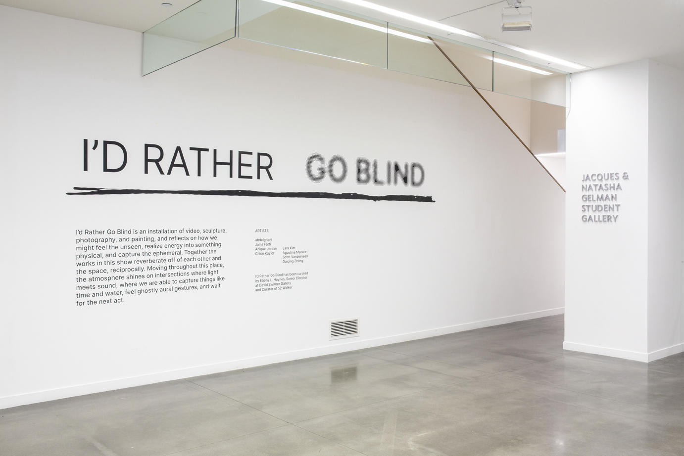 photo of wall vinyl showing exhibition title (I'd Rather Go Blind) and curatorial essay