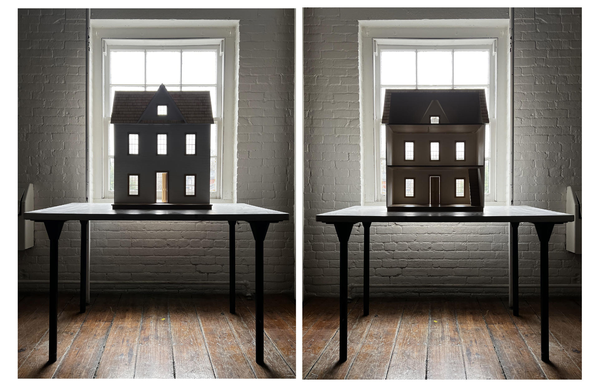two images showing the inside / outside of a doll house
