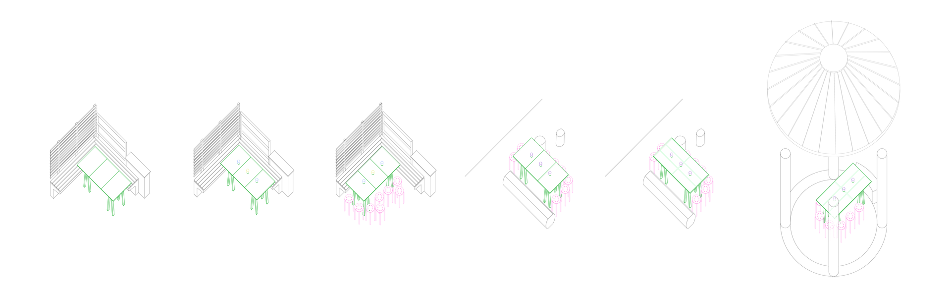 a series of 6 drawings that show how a table changed and moved locations over the course of the semester. 