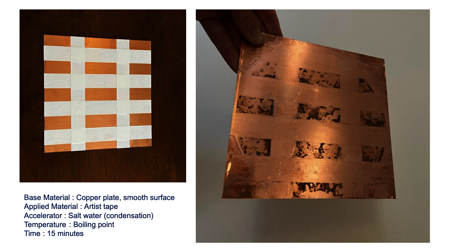 Copper plate that has been corroded/rusted with salt water.