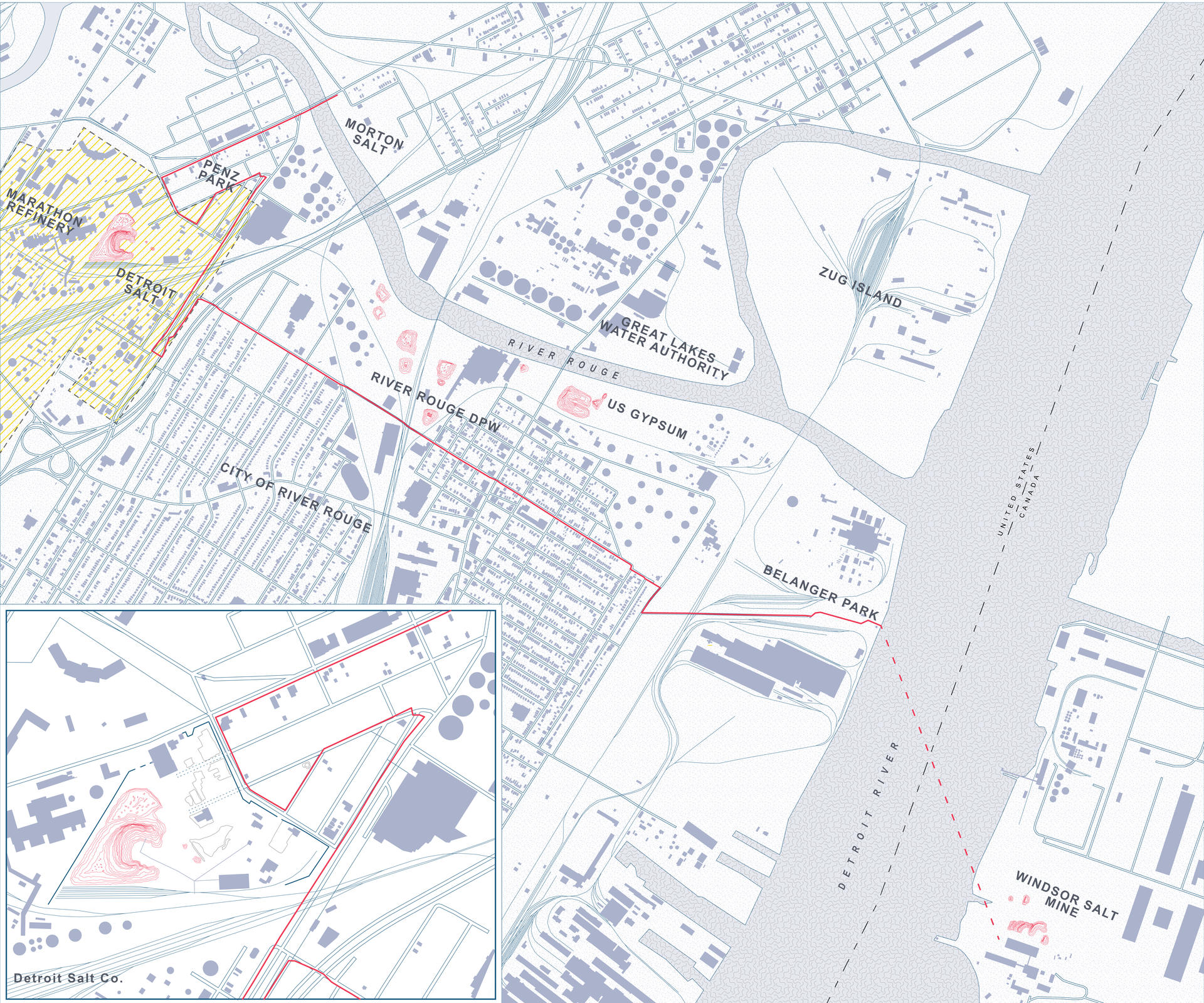 A map depicting a walking route through several Detroit neighborhoods: passing salt mining operations and sites of industrial stockpiling