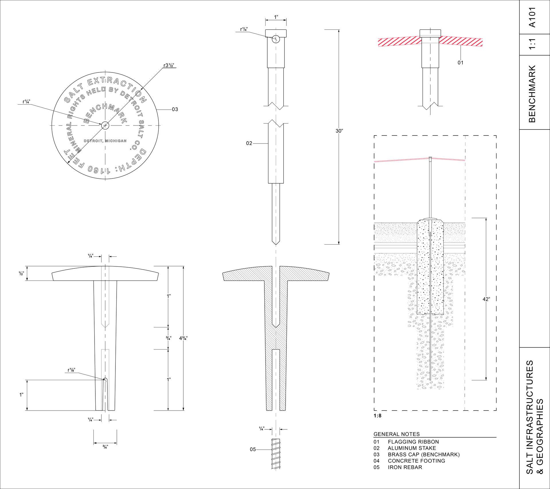 A cad drawing depicts a steel benchmark pin, meant to demarcate mineral rights and scales of salt extraction beneath the urban fabric of Detroit