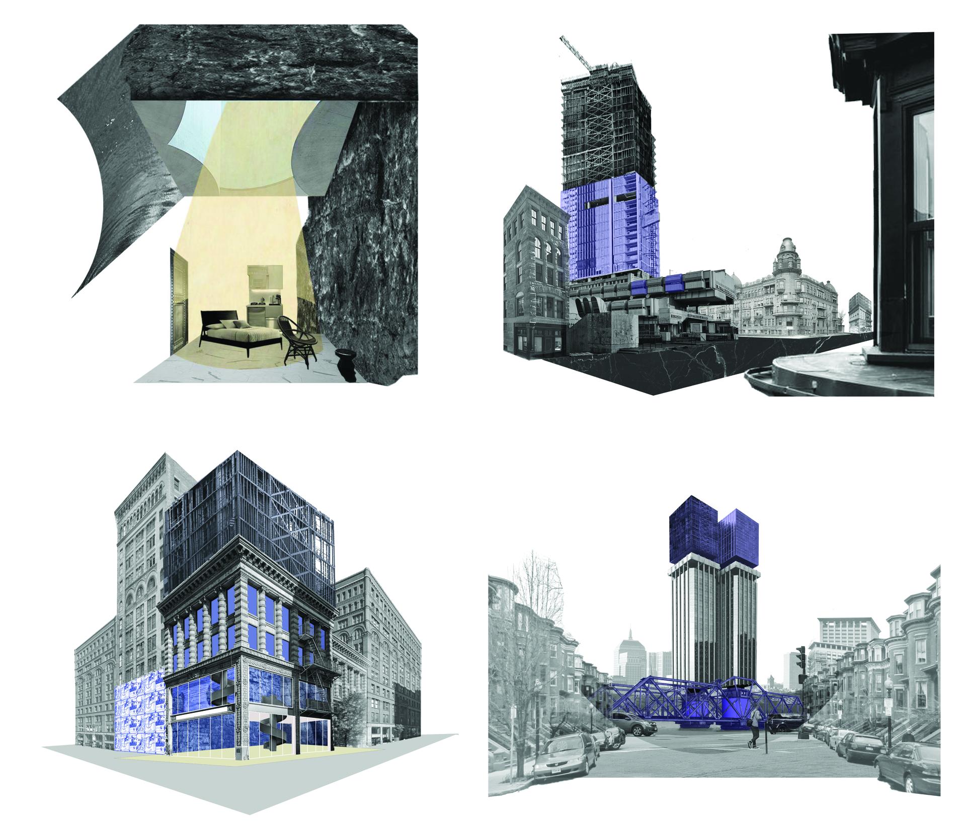 4 collages combined into a singular image on a 2x2 grid, black and white buildings with purple accents.