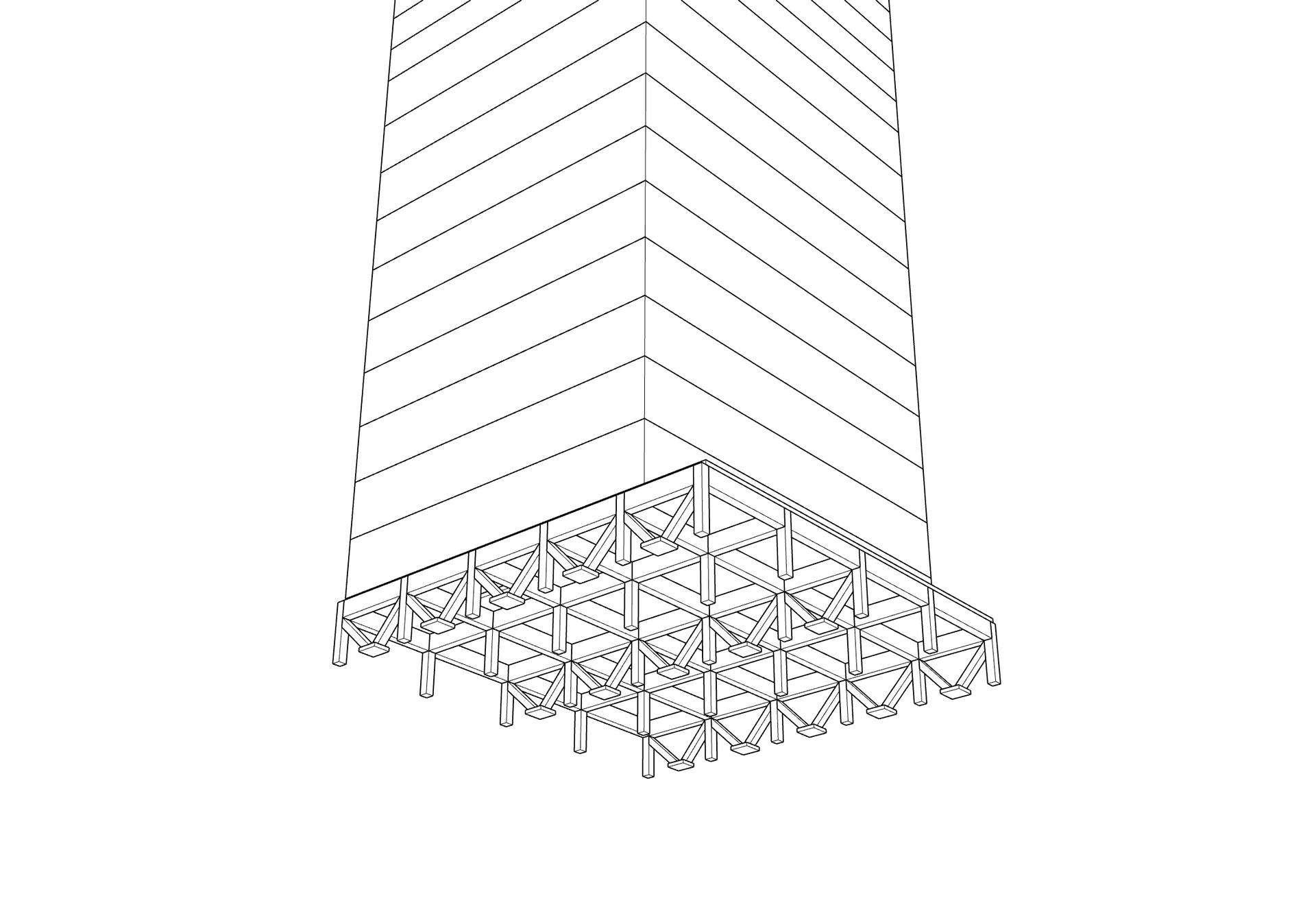 This shows an isometric worm's-eye view of a building raised on the proposed stilting system.