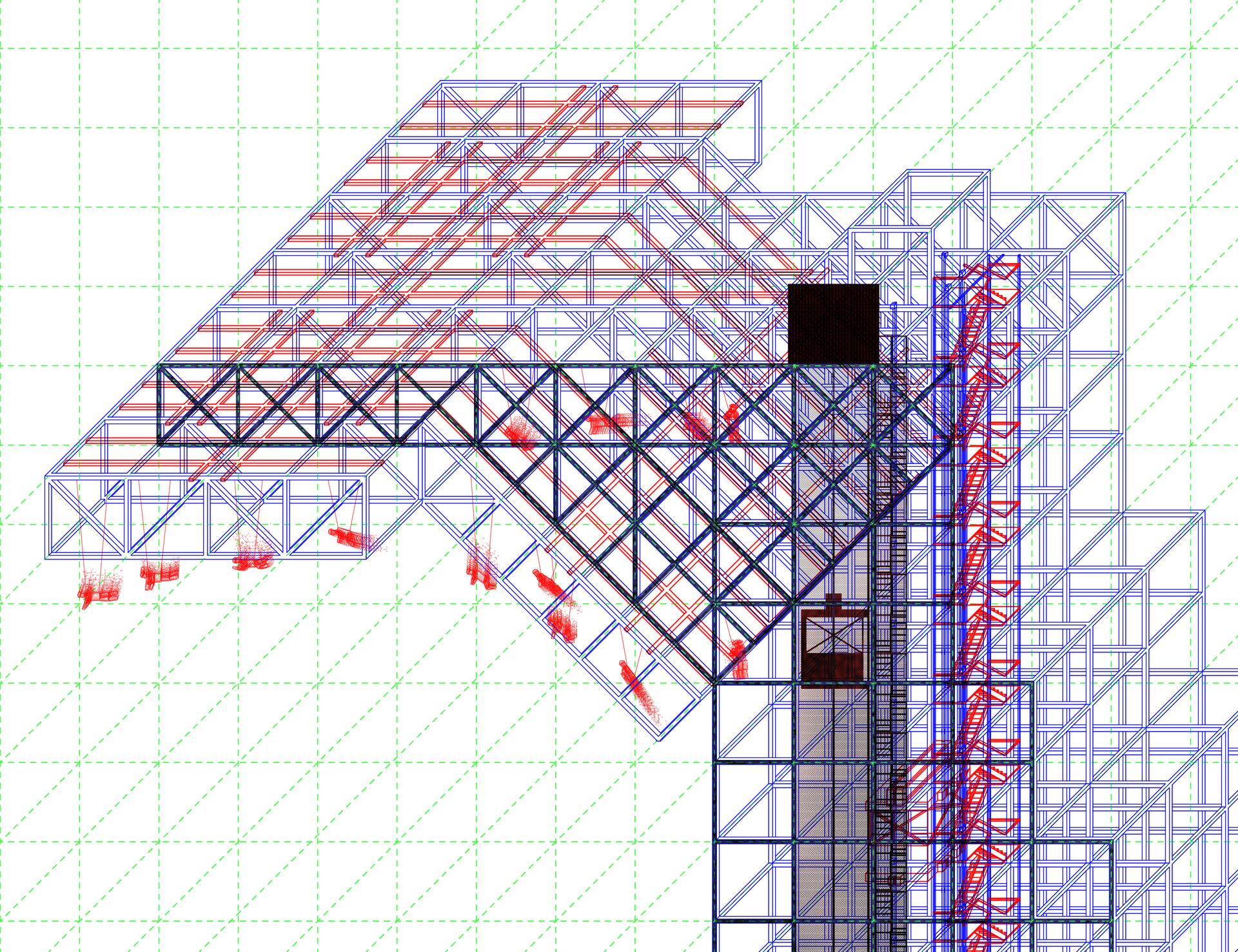 A fictional, suspending scaffold elevation drawing with visual speculations on bodily movements in/with it.