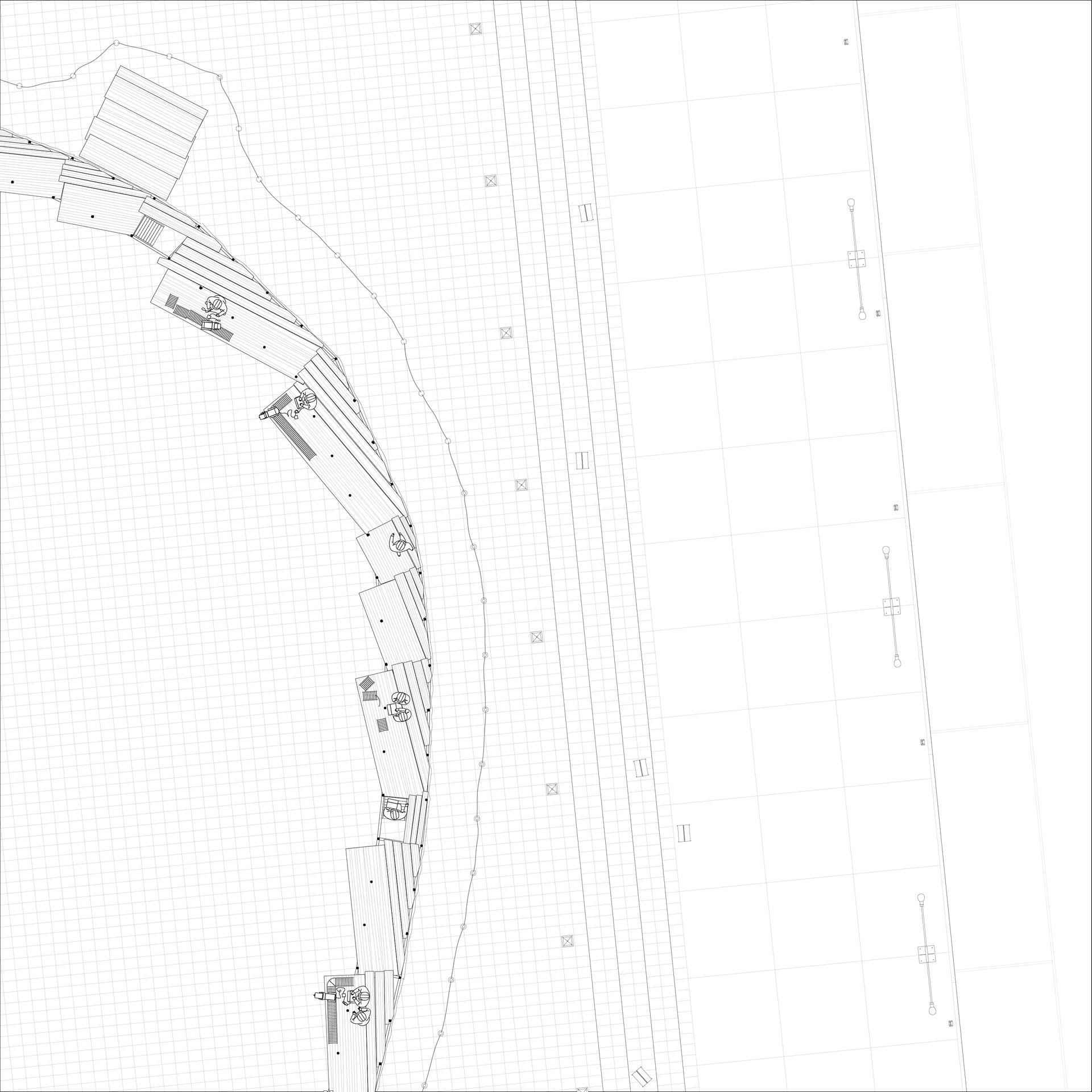 A fictional scaffold plan drawing and visual speculations on the construction activities.