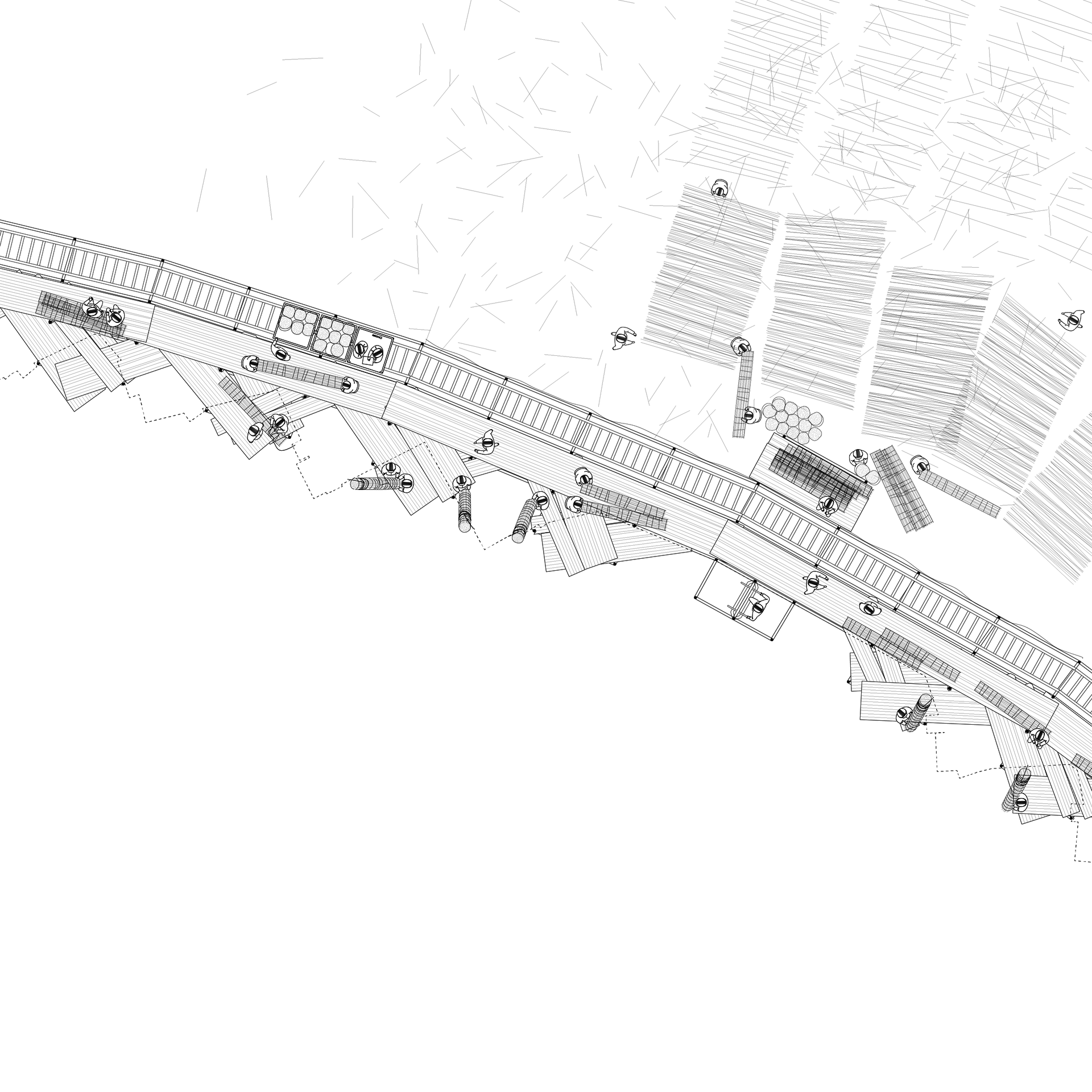 A fictional scaffold plan drawing and visual speculations on the construction activities.
