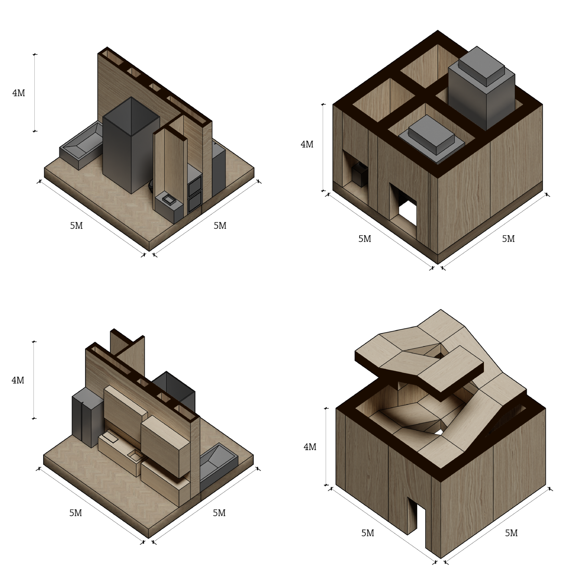 2. Space module products  The bathrooms and kitchen are two archetypical prefabricated modules. They are installed like a structural components during the construction. Because of their connective nature, Stacked like circulation cores for better connection alignment, these spatial modules uninstall as single entities. Modules are then transported to factories for recycling and downcycling, reducing the amount of trash produced upon demolition.  3. Equipment  In the spirit of maximal reusability, mechanical