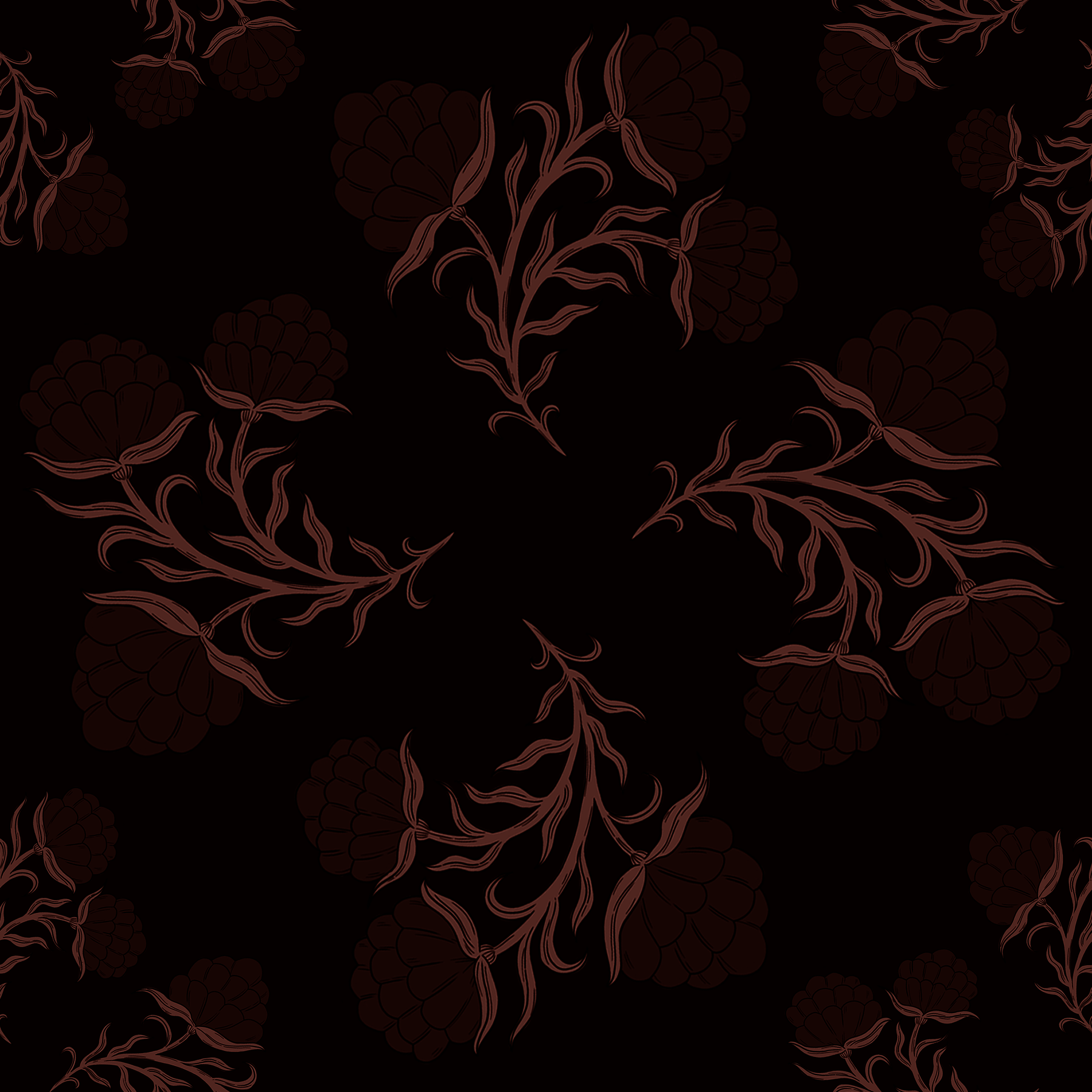 A wallpaper pattern of a three-headed flower on burgundy background. 