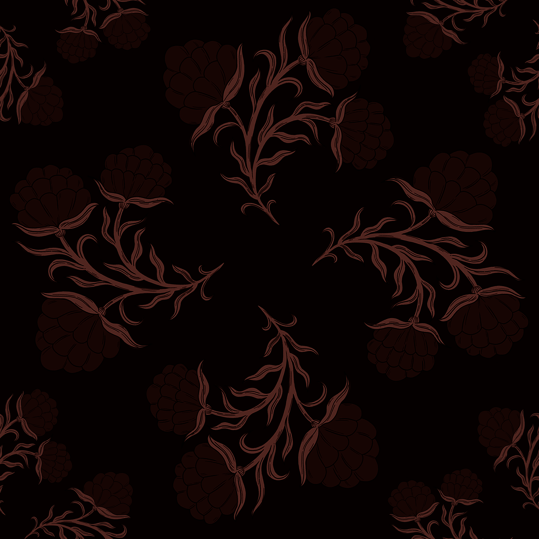 A wallpaper pattern of a three-headed flower on burgundy background.