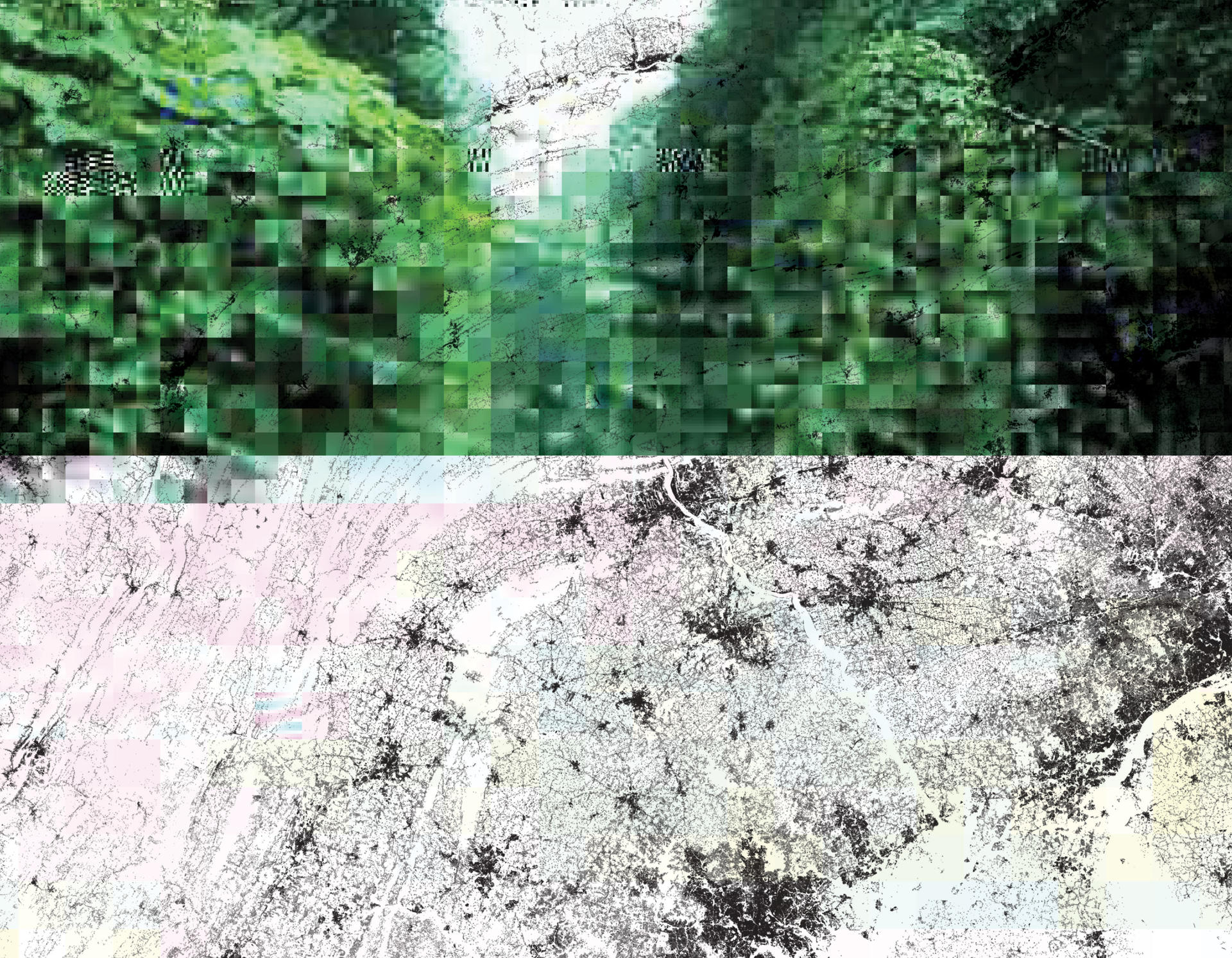 An image in two halves. The top, a glitched image of overgrown kudzu, and the bottom, light blue, pink, and yellow pixels. Both halves are overlaid with a topographical map of Appalachia.