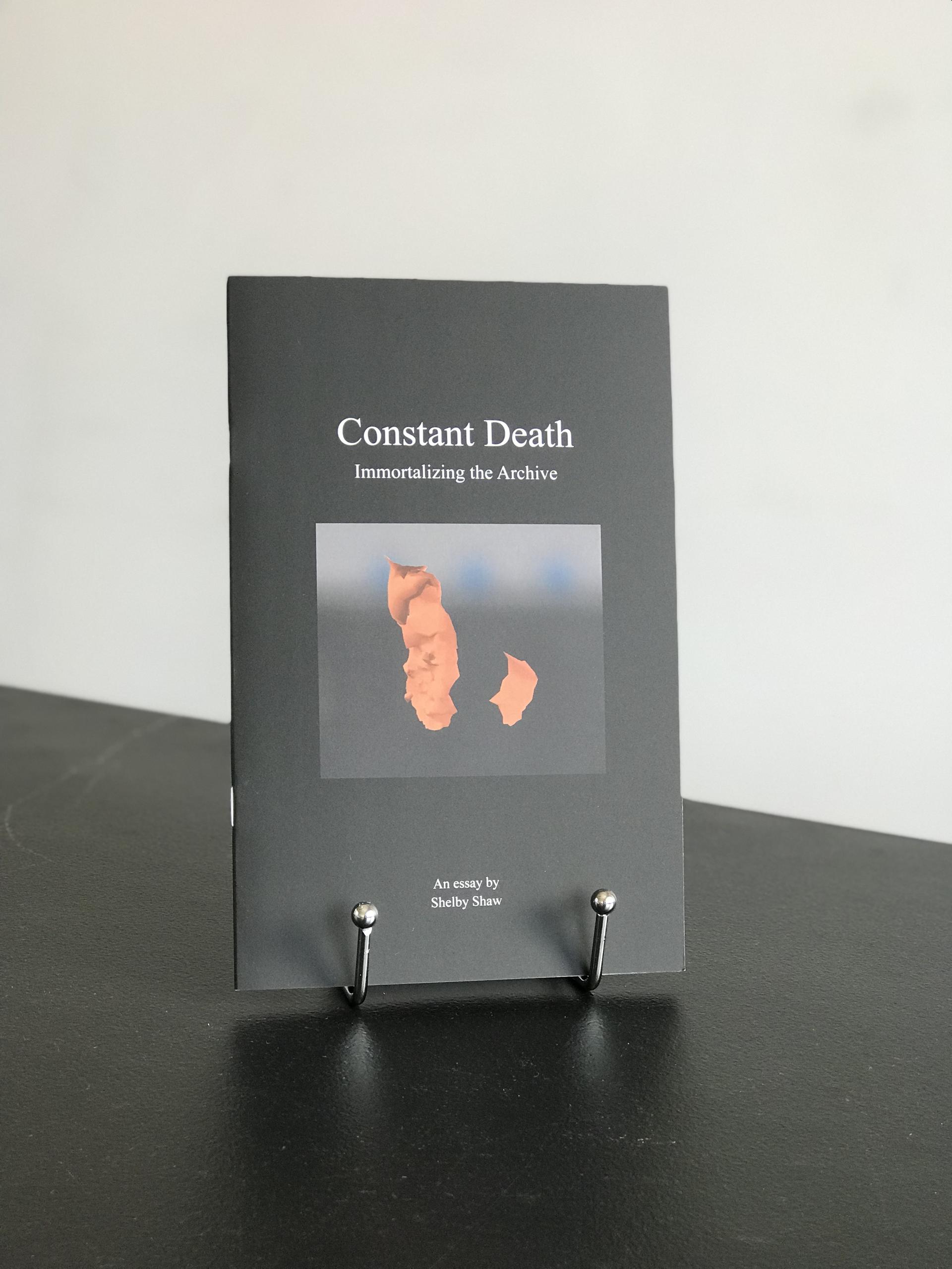 The book 'Constant Death' which is black with white font for the title placed above an inserted image of a strange brown shape on a blue background, is displayed on a silver book stand atop a black tabletop with a white wall in the background.