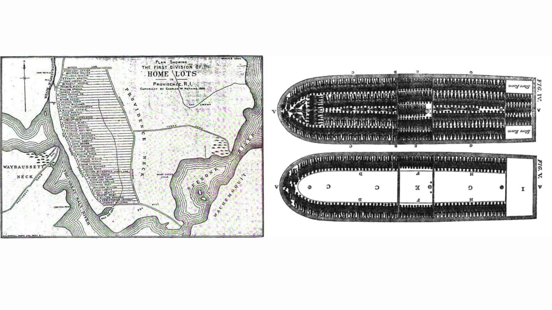 Two black and white drawings, one of property allotments, the other of a Trans-Atlantic Slave Ship.