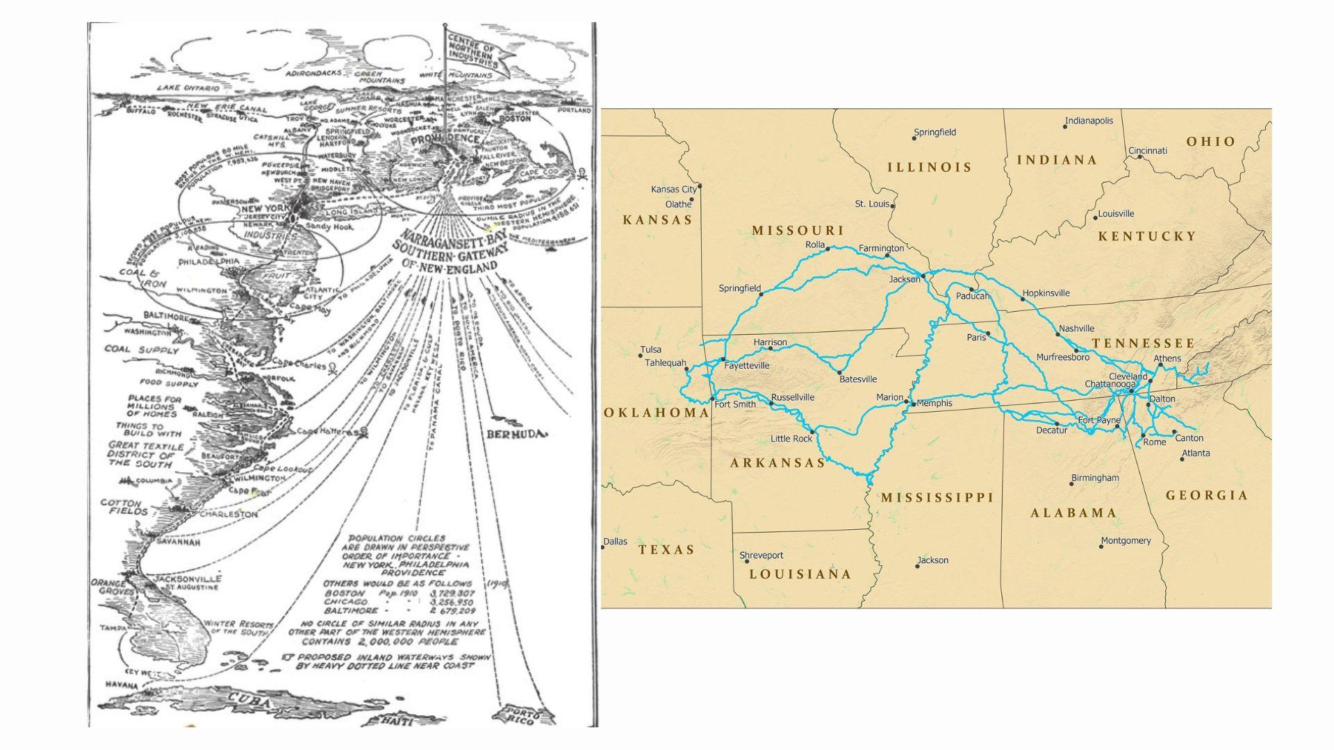 Two images depicting maps. One map charts the trail of tears, the other maps New Englands southern Industries gateway. 