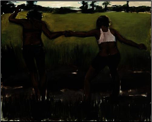 Yiadom-Boakye’s A Toast To The Health Of (2011) owes a compositional debt to Marshall’s The Vignette #13 (2008). In both pictures, figuration and landscape combine to form an intimate link to pastoral painting. Two black figures, with their backs to the viewer, hold hands as they appear to walk further into the distance of the picture plane. The ease and affection between the two figures is suggested by the playful manner with which the two young women lead each other in their attempt to cross a swamp (A To