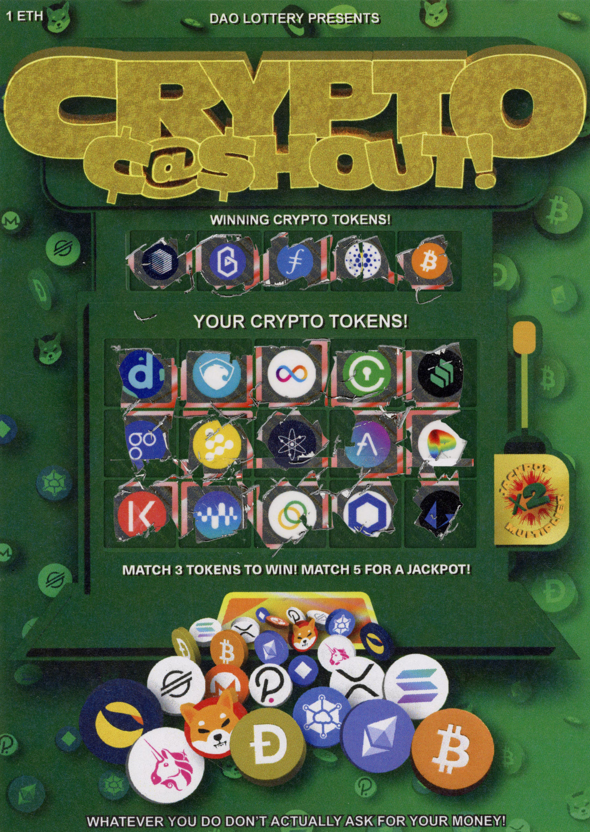 A scratch off lottery ticket depicting a slot machine with cryptocurrency logos.