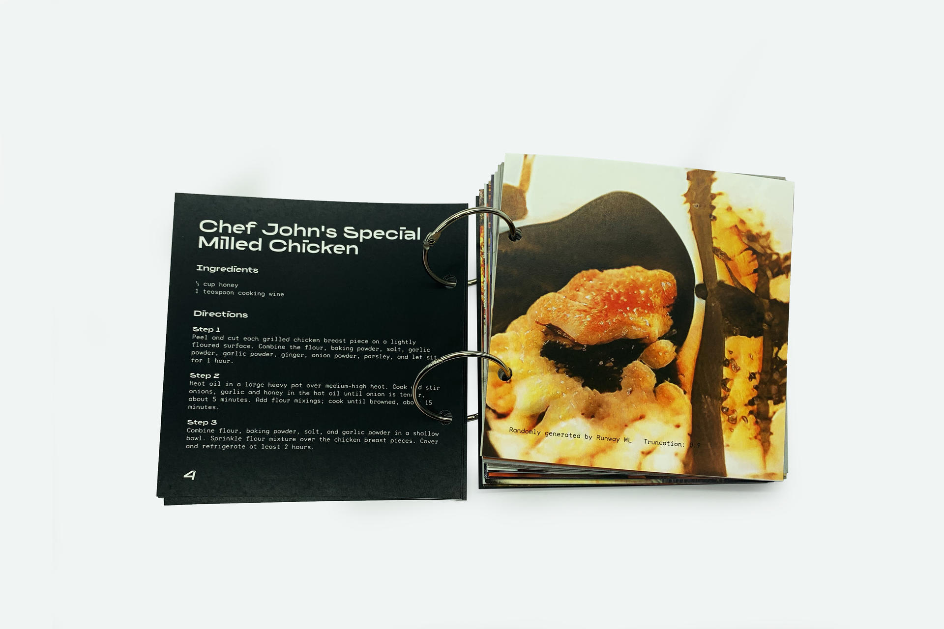 A spread of the book, showing the recipe and food image that were both generated by machine learning.
