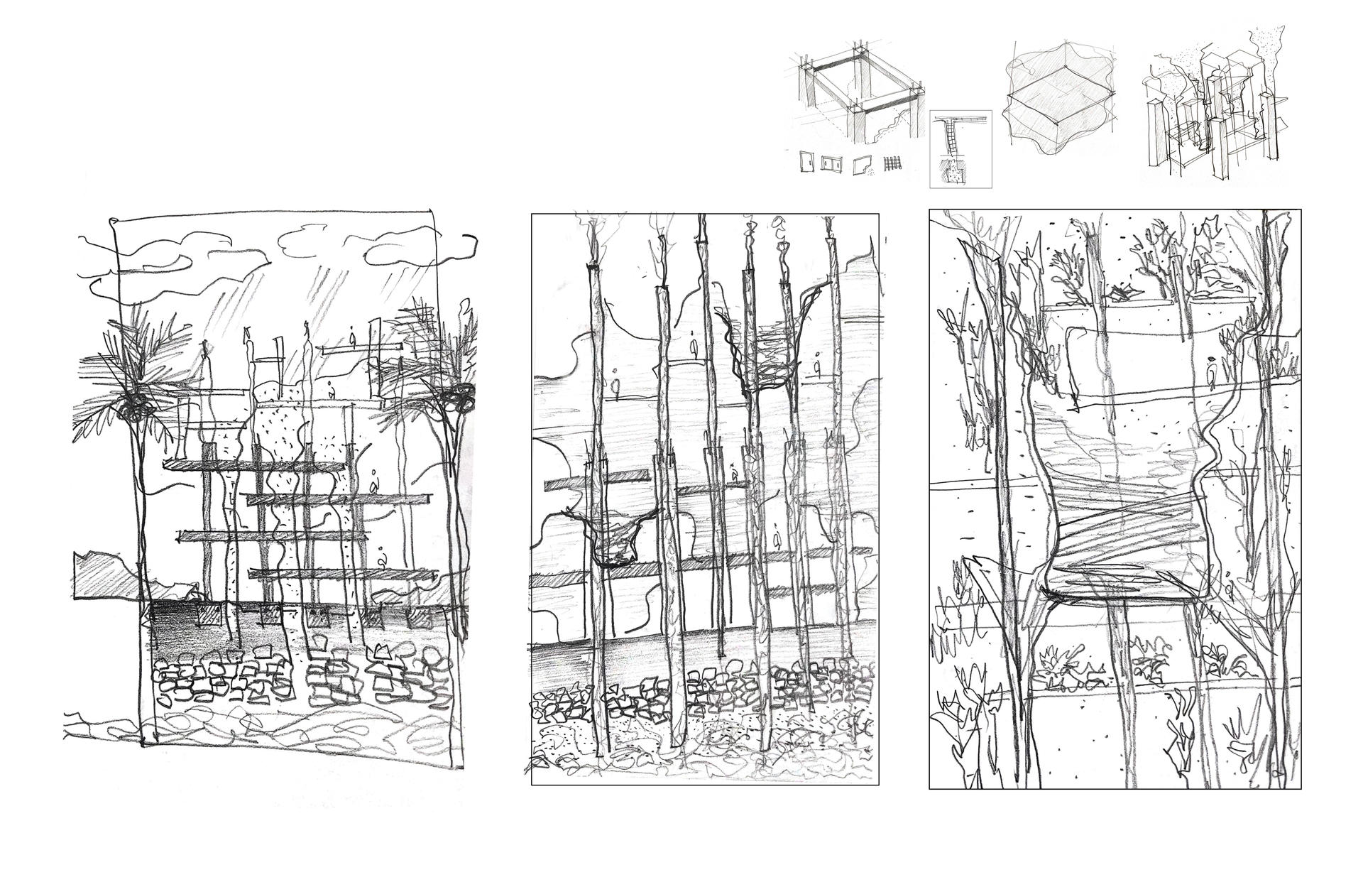 This sketch here re-interprets the structural imprint of the  existing architecture imagining further how the elements in flux and the existing structure might repsond and interact with each other.   Through selectively retaining the structural framework of the  existing building, a history value is retained, while also allowing  for a new spatial configuration to take shape within the vertical void created by selective removal. 