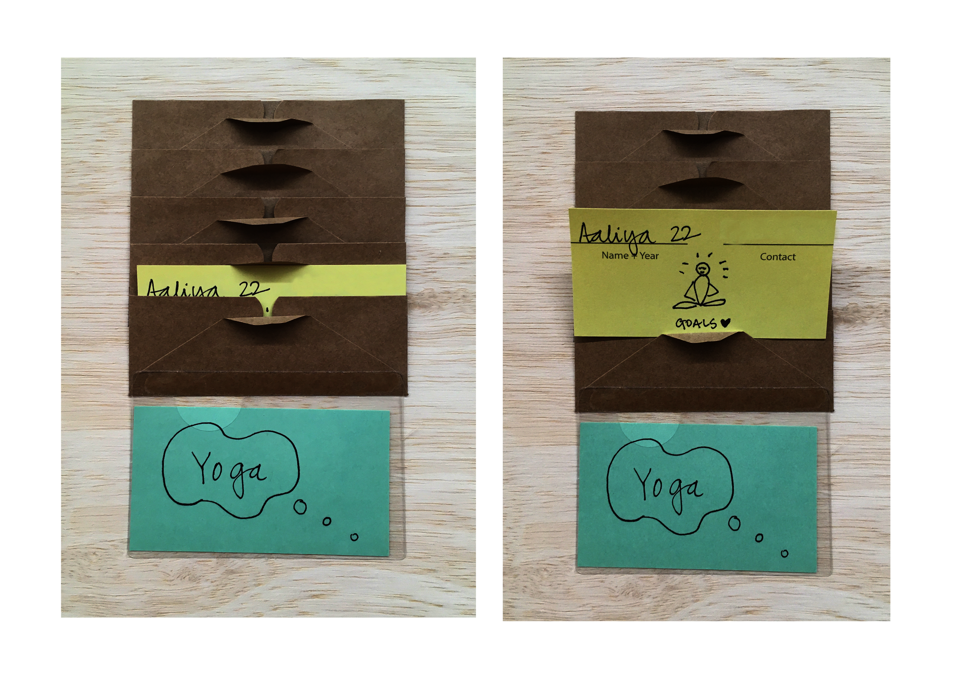 A detailed image of the share share board. A green card with the word yoga written and then a card in an envelope above with the name Aaliya on it. 