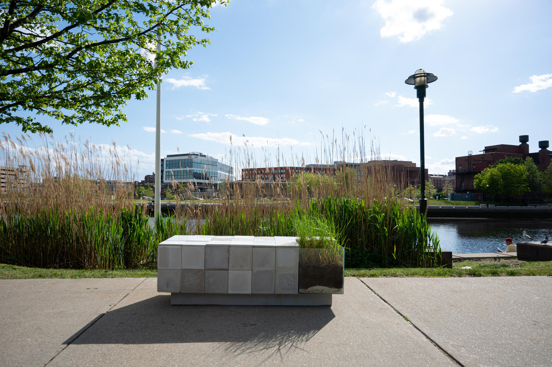 The concrete tiles are symbolic of extractive interactions, layered atop the stratigraphic representation of a salt marsh