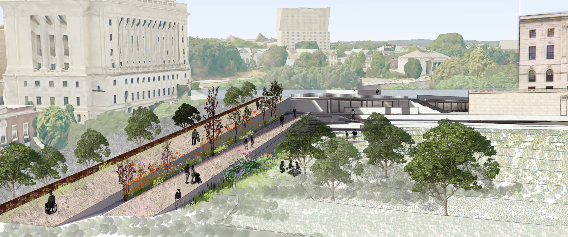 The AgroWing is realized as a new architectural and landscape design providing permanent infrastructure for the site’s future as well as a substantial culture of recreation and labor. The topographic modeling of the site provides the underlying framework for the intervention. As an extension of an architectural solution, a ramp is introduced from the front entrance of the site that acts as a metaphor of welcoming people with its arms wide open.
