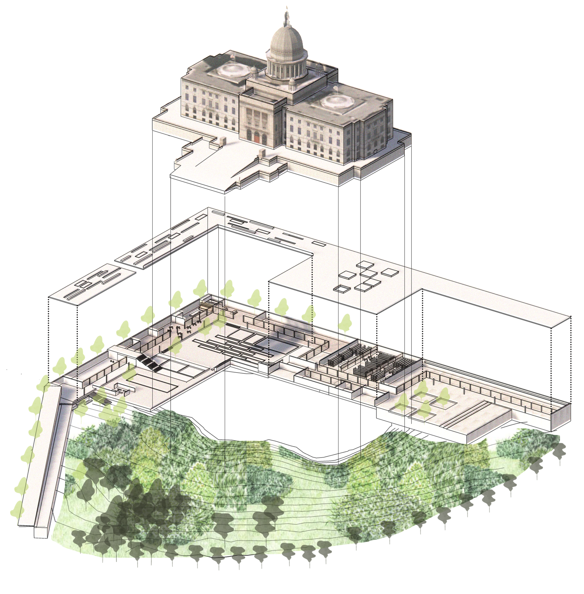 With direct contact with the earth, the new intervention acts like a bridge between the State House and its city. It organises spaces dedicated to food production, education, leisure and social life to promote mutual understanding and solidarity between the government and it’s food systems. 