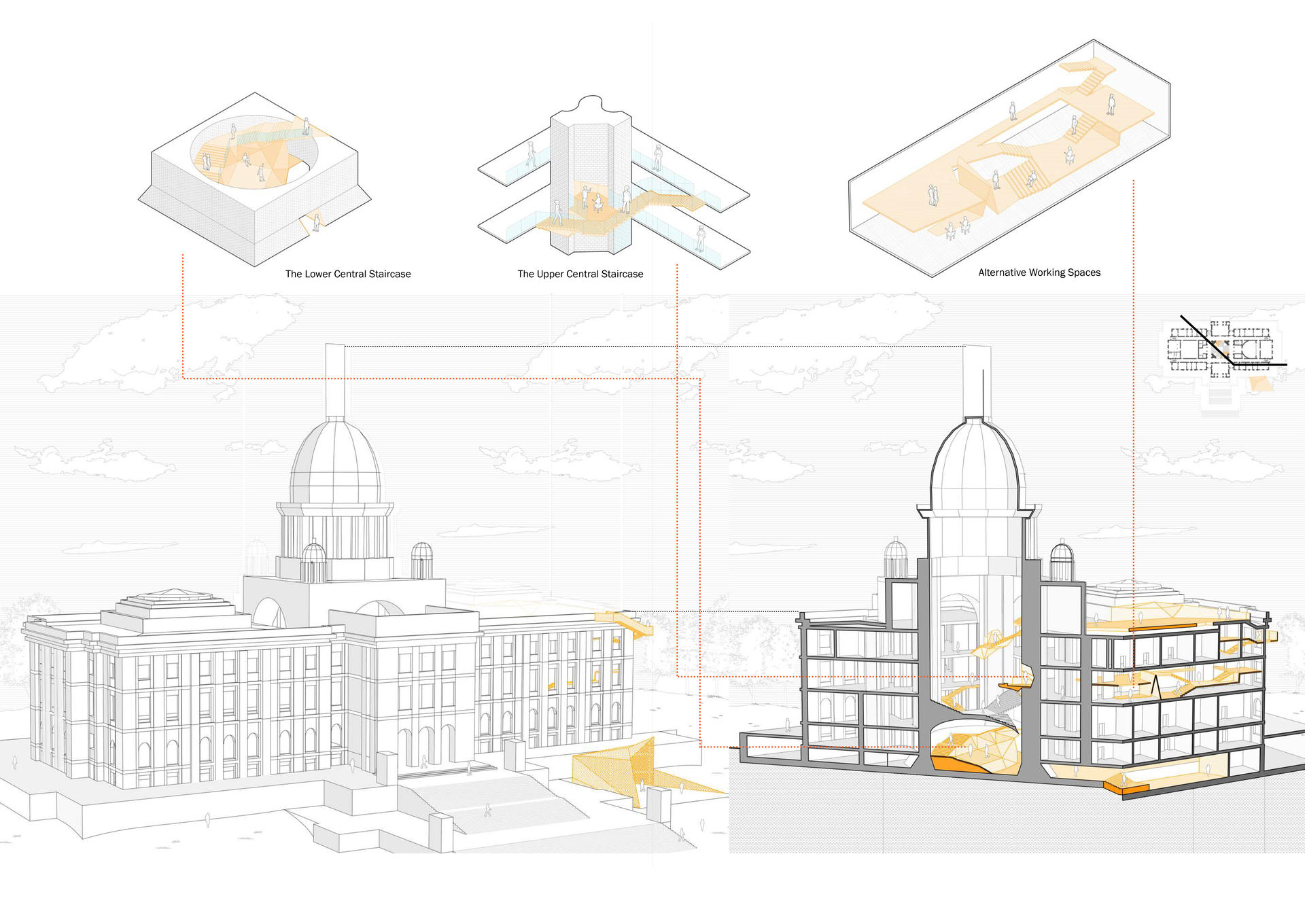 The alternative pathway includes four elements linked by a wayfinding system: the Ground Level Entrance; the Central Staircase; Alternative Working Spaces; and the Rooftop Addition.