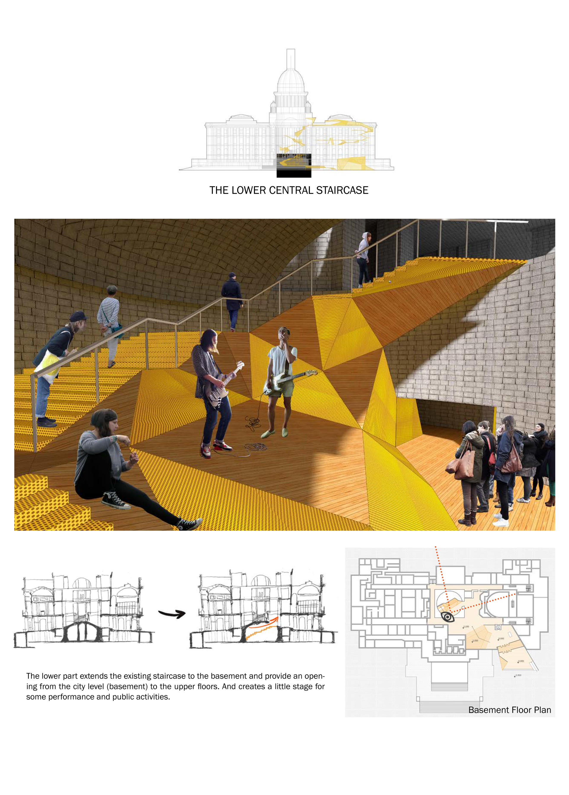 The lower part extends the existing staircase to the basement and provide an opening from the city level to the upper floors.