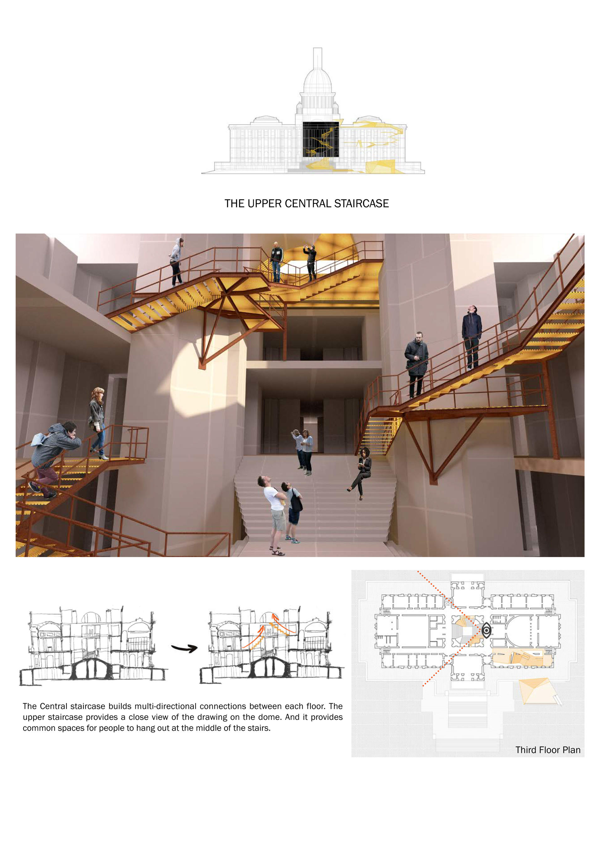 The upper staircase provides a close view of the painting on the interior of the dome, and it provides common spaces for people to come together on the expanded stairs.