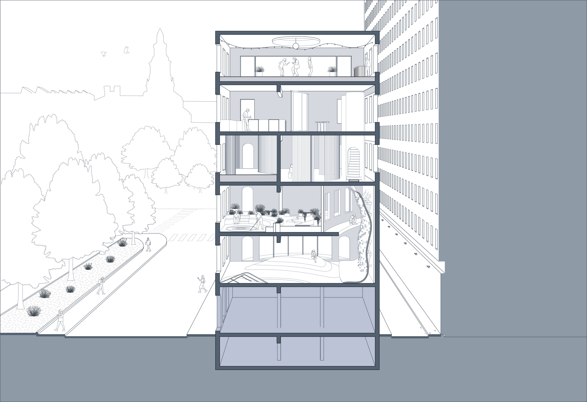 A section perspective of the merchants bank building intervention proposed