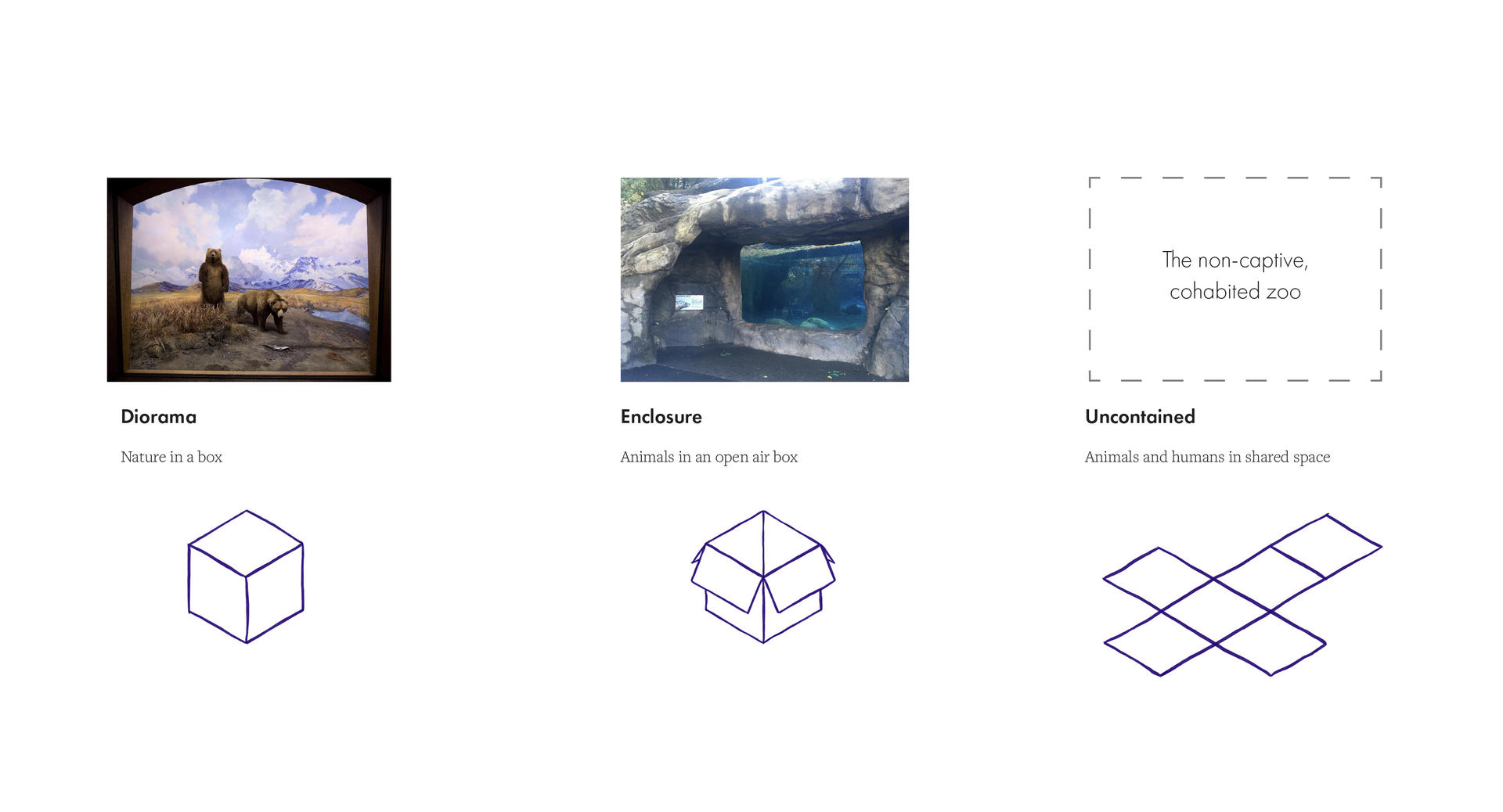 A diagram compares three models, the diorama as a closed box; the zoo enclosure as an open-air box; and the proposal as an unfolded box