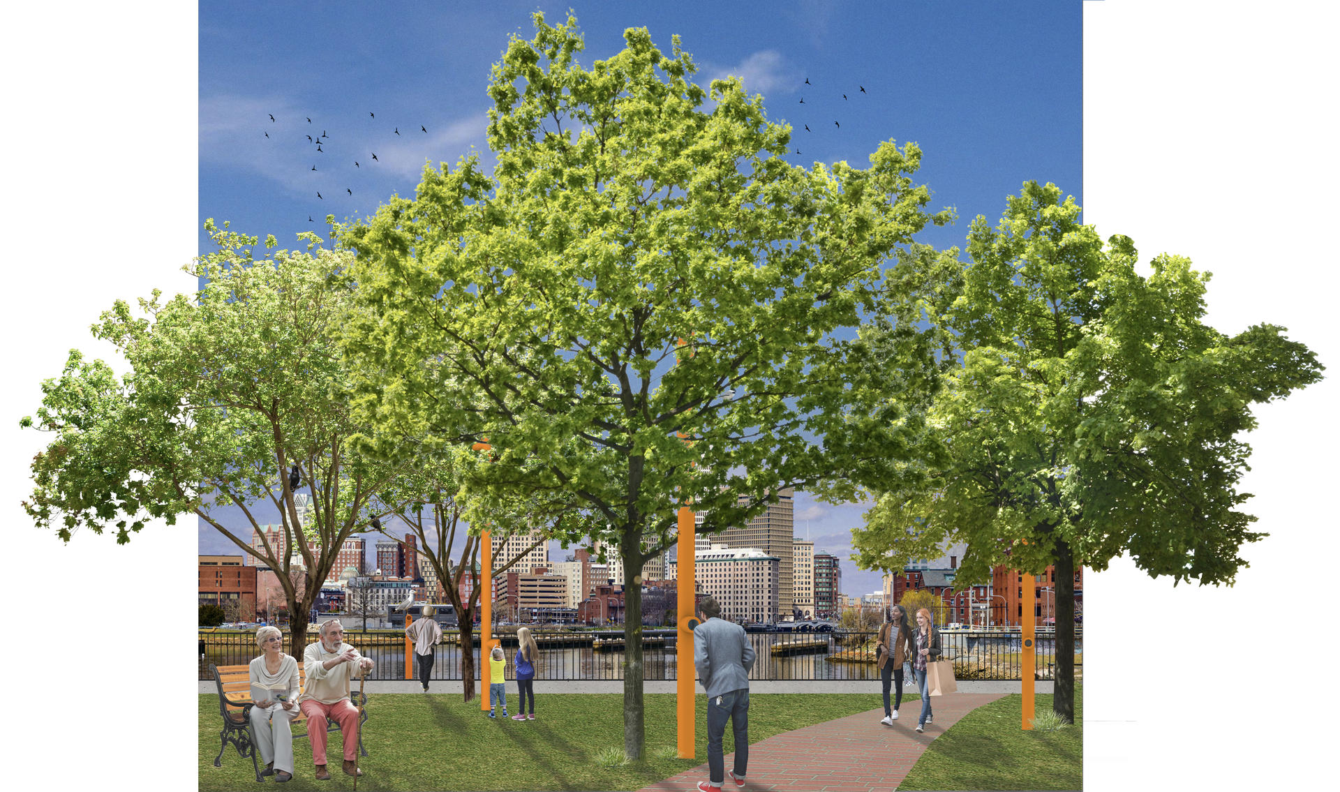 A collage rendering depicts several orange periscopes installed in a park, with users of all ages using them to observe local wildlife.