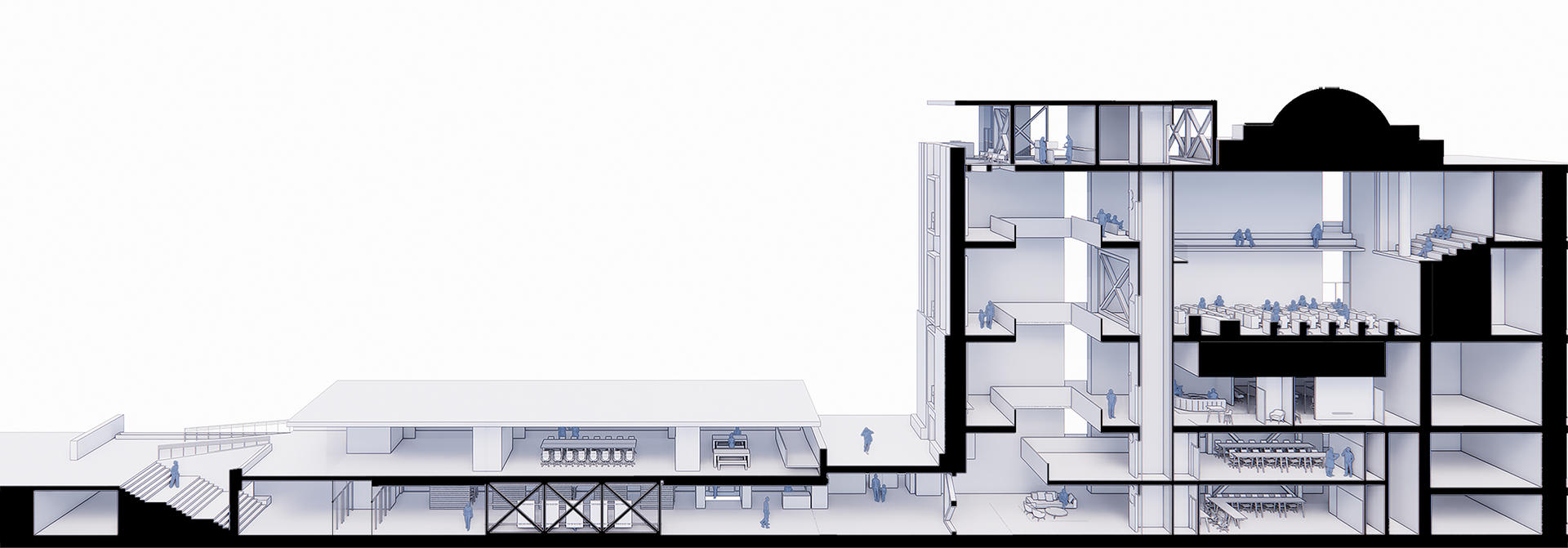 A 3D section perspective cuts through the Rhode Island State House and the main entry and path of circulation through the proposed addition.