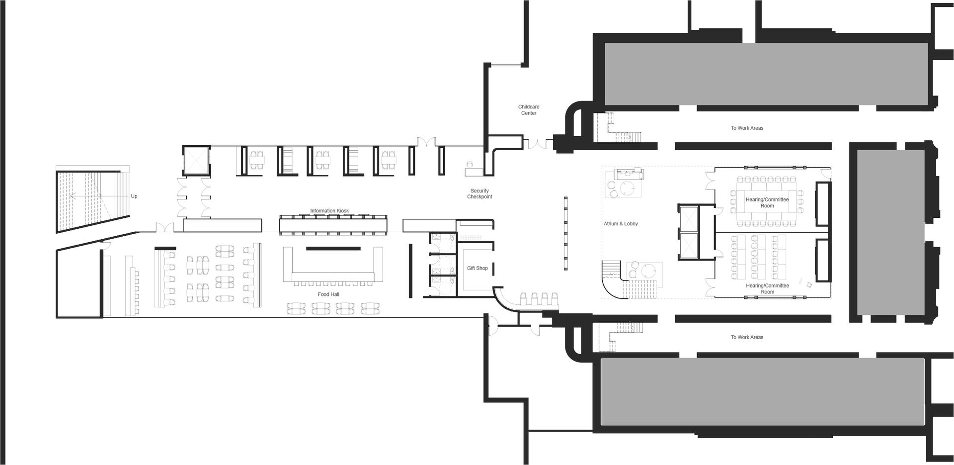 A furnished floor plan depicting a large addition, main entry, food hall and meeting spaces.