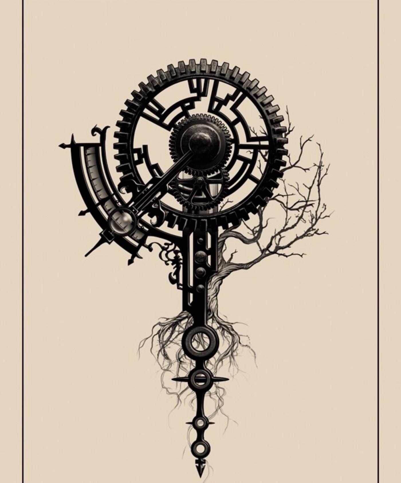 Image of a clock like gear with branches coming out; a found parti image of the play.