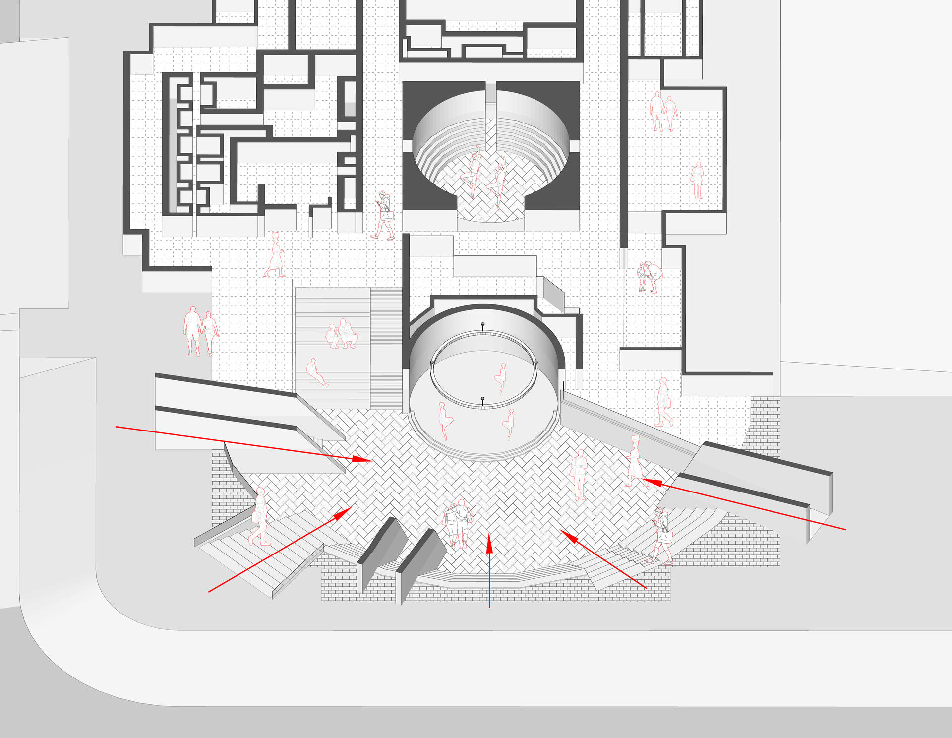 Stairs open in all directions, providing access to the lower level.