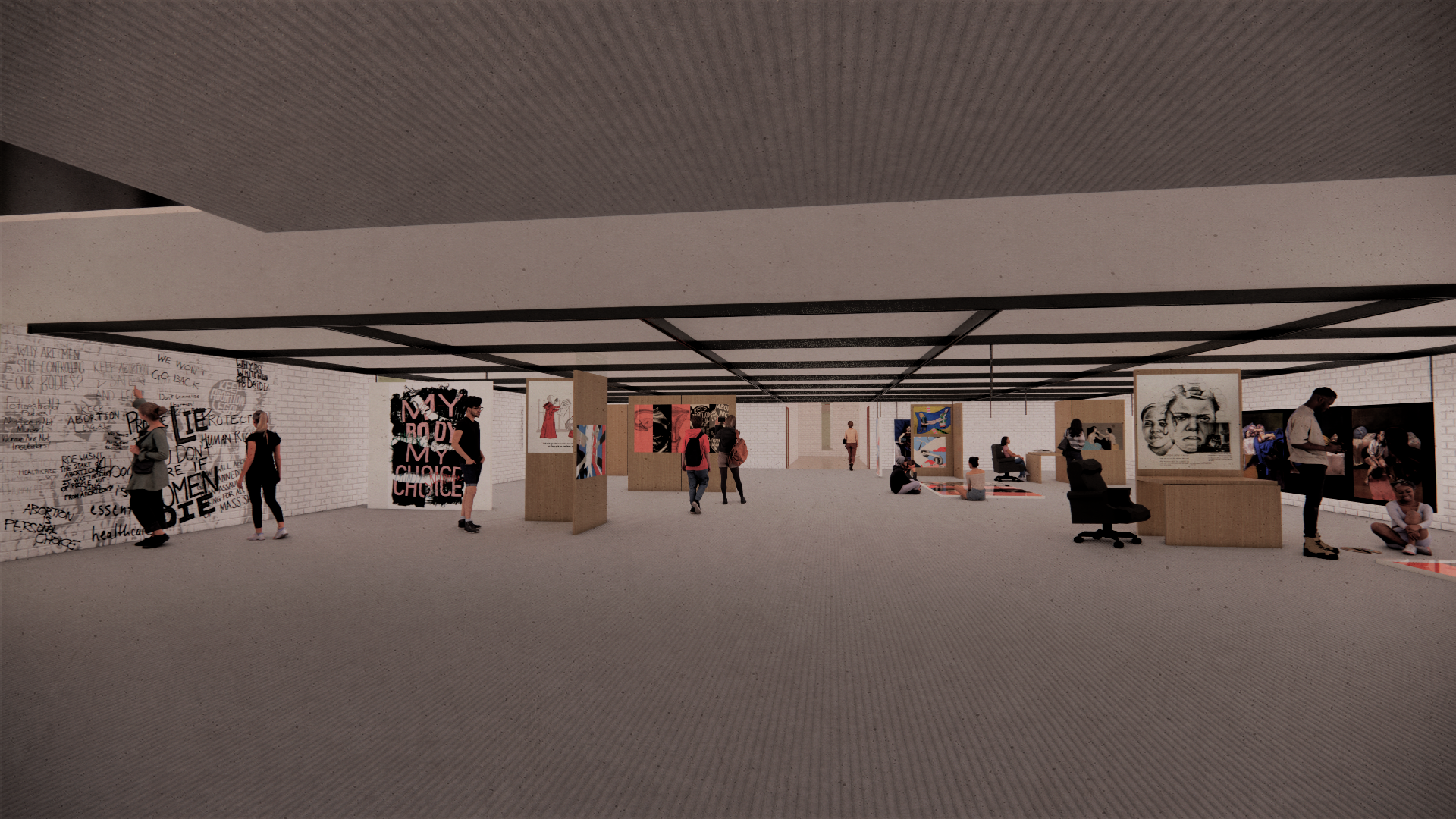 An interior rendering showing an activist art exhibition space where there is a ceiling track system and movable wall panels, so that artists can create art and display art in this space however they want. 