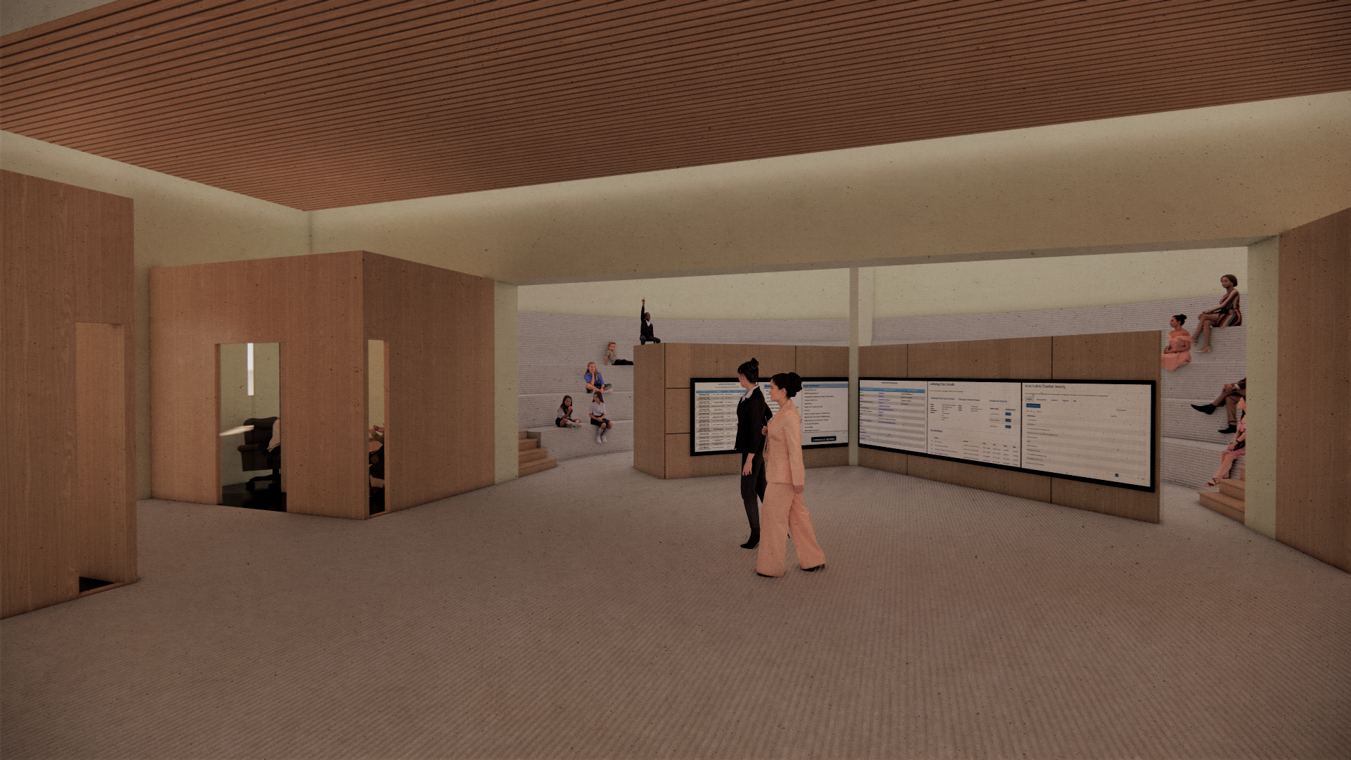 An interior rendering that shows the education space where there are individual mock meeting rooms and two large seminar rooms with bleacher seating. 