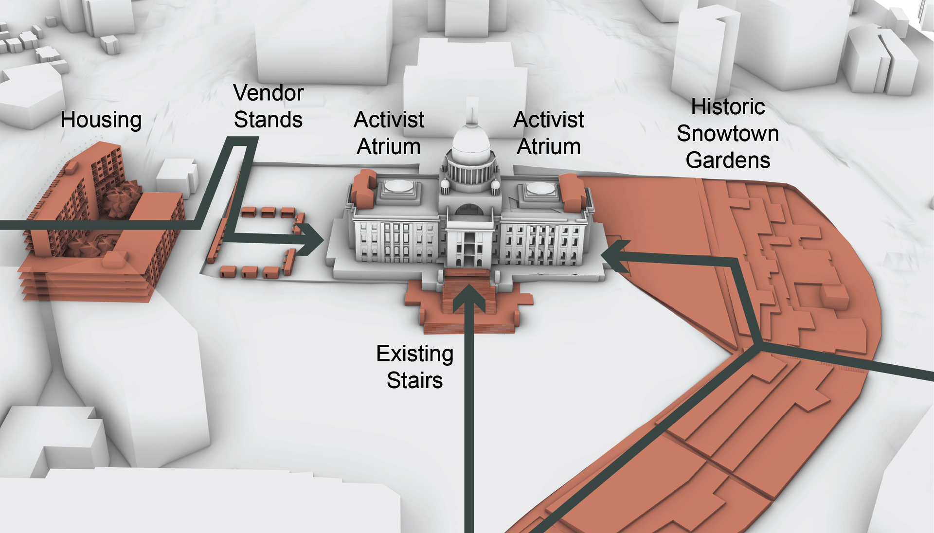 This diagram highlights the proposed structures and connections being created around the Rhode Island State House.